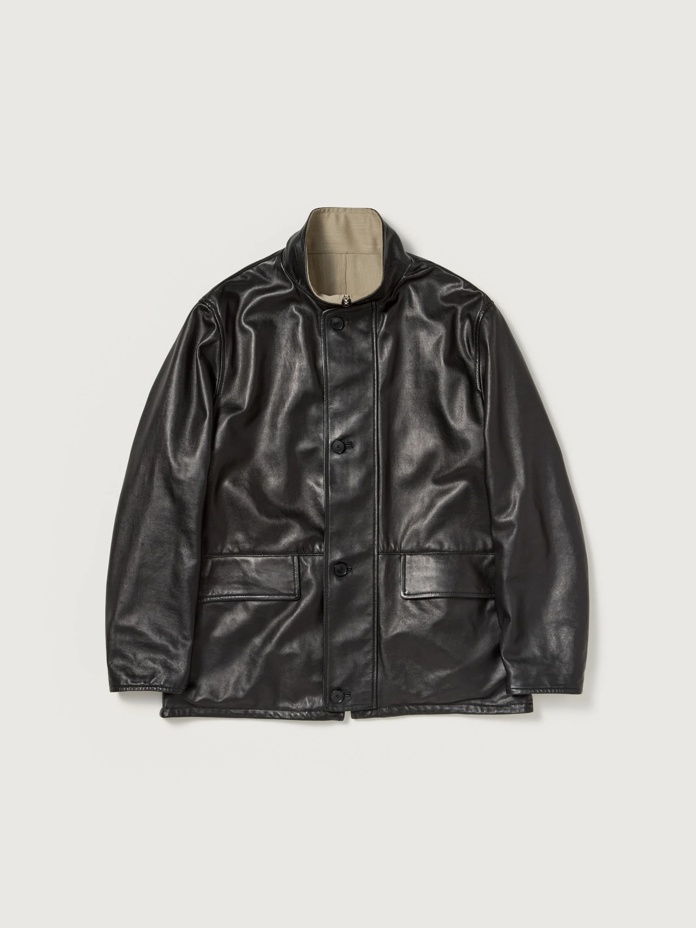 REVERSIBLE WOOL TWISTED TWILL / SHEEP LEATHER HALF COAT - 1