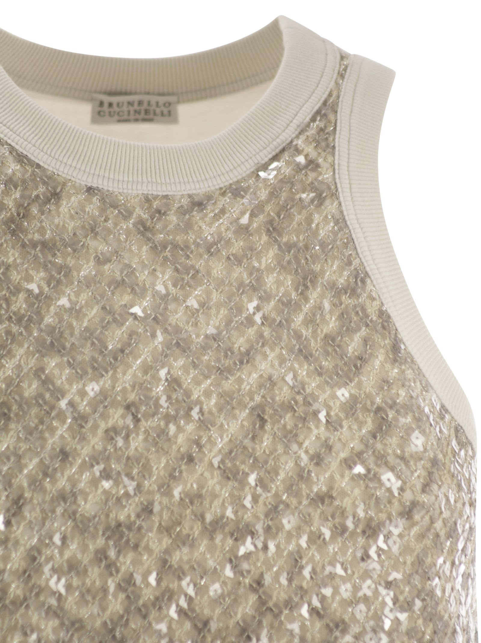 Brunello Cucinelli Women Stretch Cotton Jersey Top With Dazzling Net Embroidery - 4