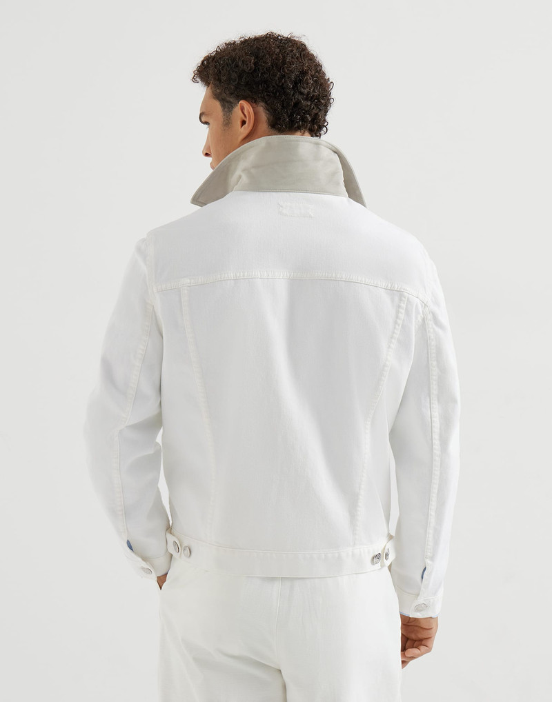 Garment-dyed outerwear jacket in comfort cotton lightweight denim with leather collar 3