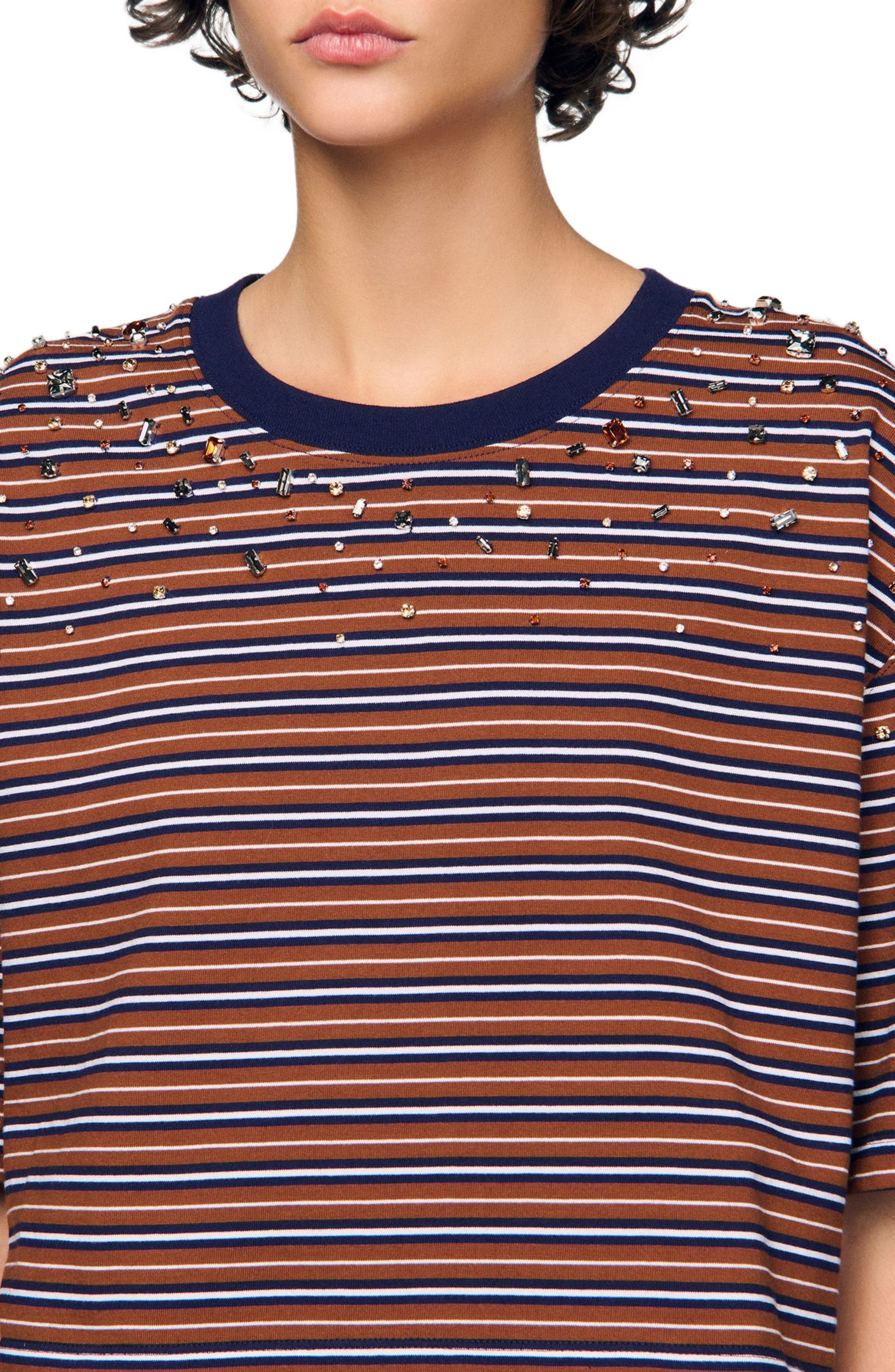 SANDRO Striped rhinestone T-shirt in Brown /Deep Blu at Nordstrom - 4