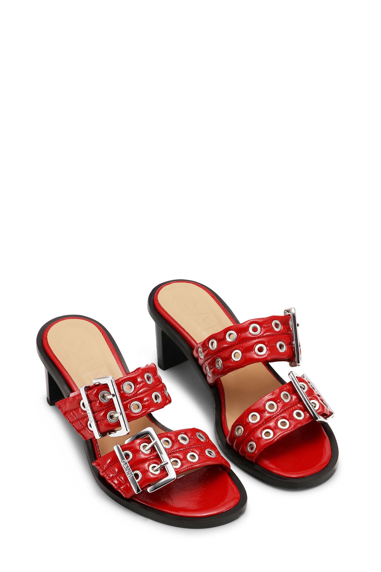 RED FEMININE BUCKLE HEELED MULE SANDALS - 2