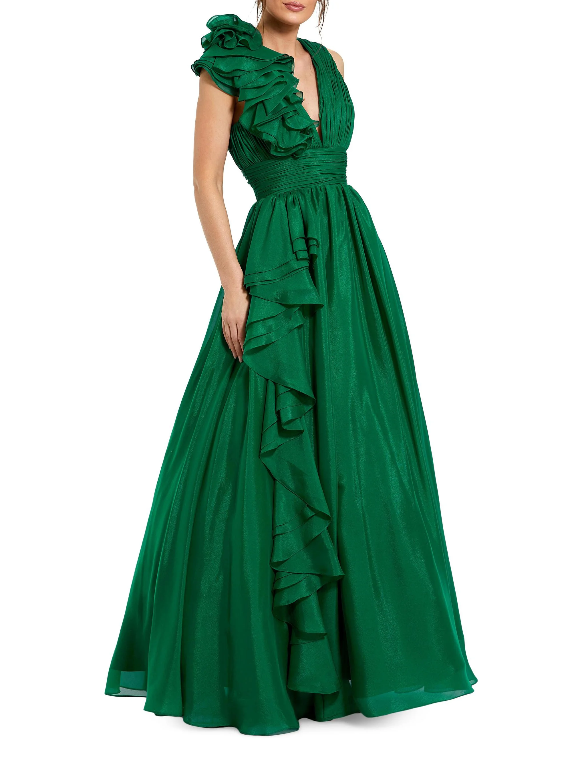 Women's Ruffle Shoulder V-Neck Gown - Emerald - 1