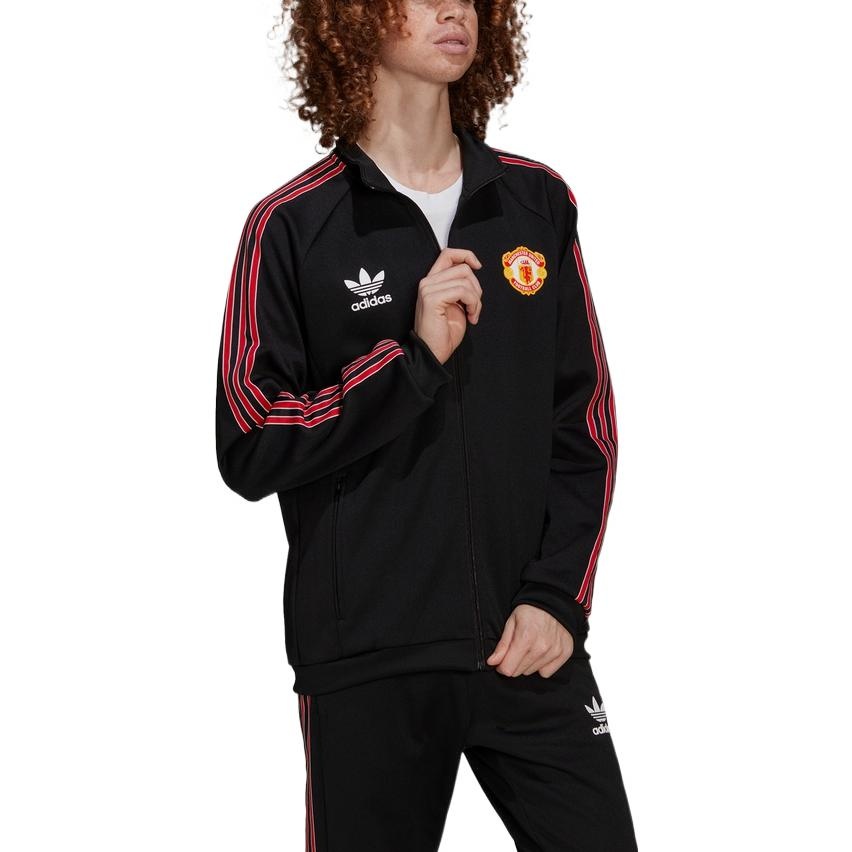 Men's adidas originals SS22 Manchester United Sports Stripe Logo Stand Collar Jacket Black HP0454 - 3