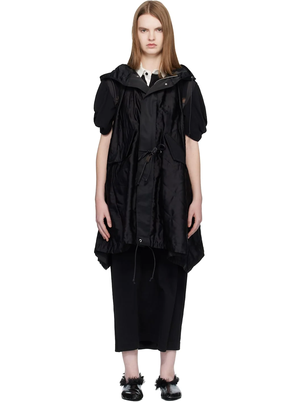 Black Quilted Satin Hooded Vest - 1