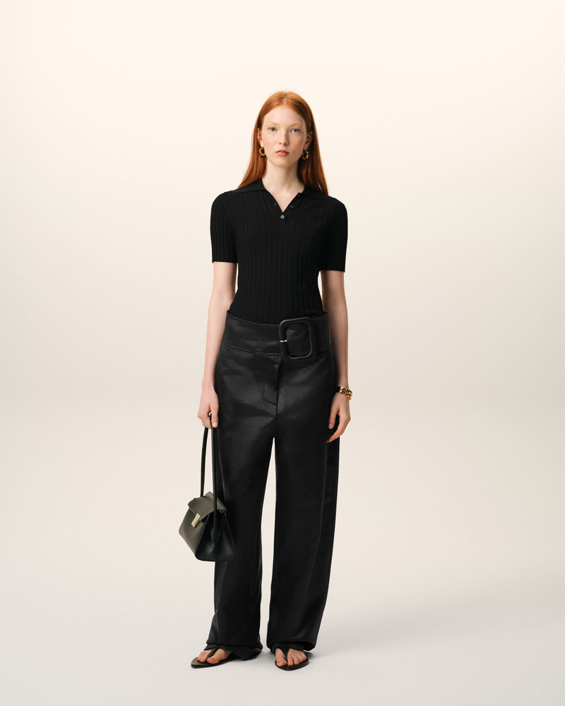 AMI Paris BLACK SATIN BUCKLED BELT TROUSERS outlook
