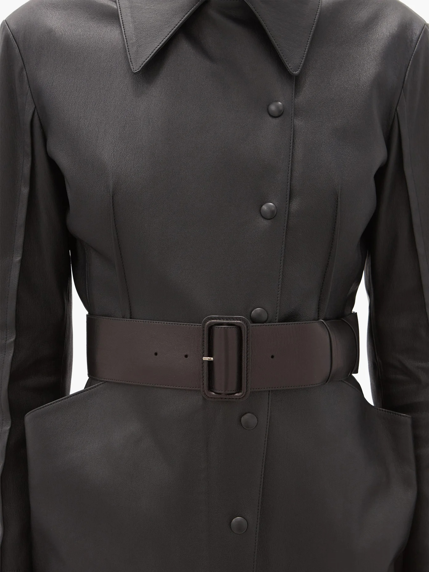 Point-collar leather single-breasted coat - 3