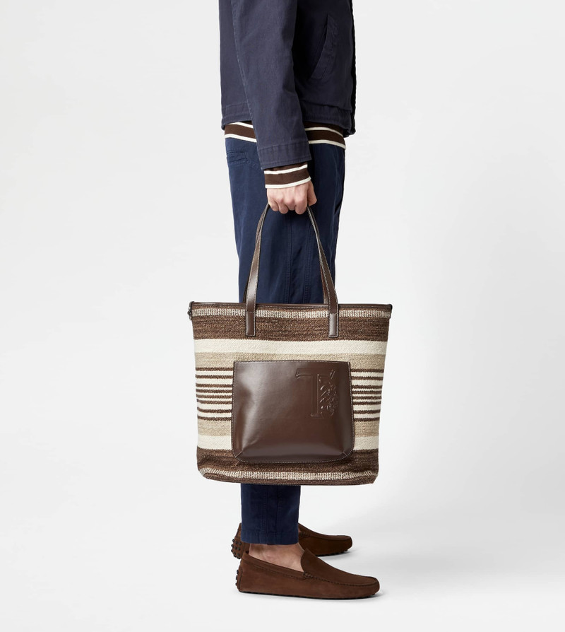 SHOPPING BAG IN FABRIC AND LEATHER MEDIUM - BROWN 3