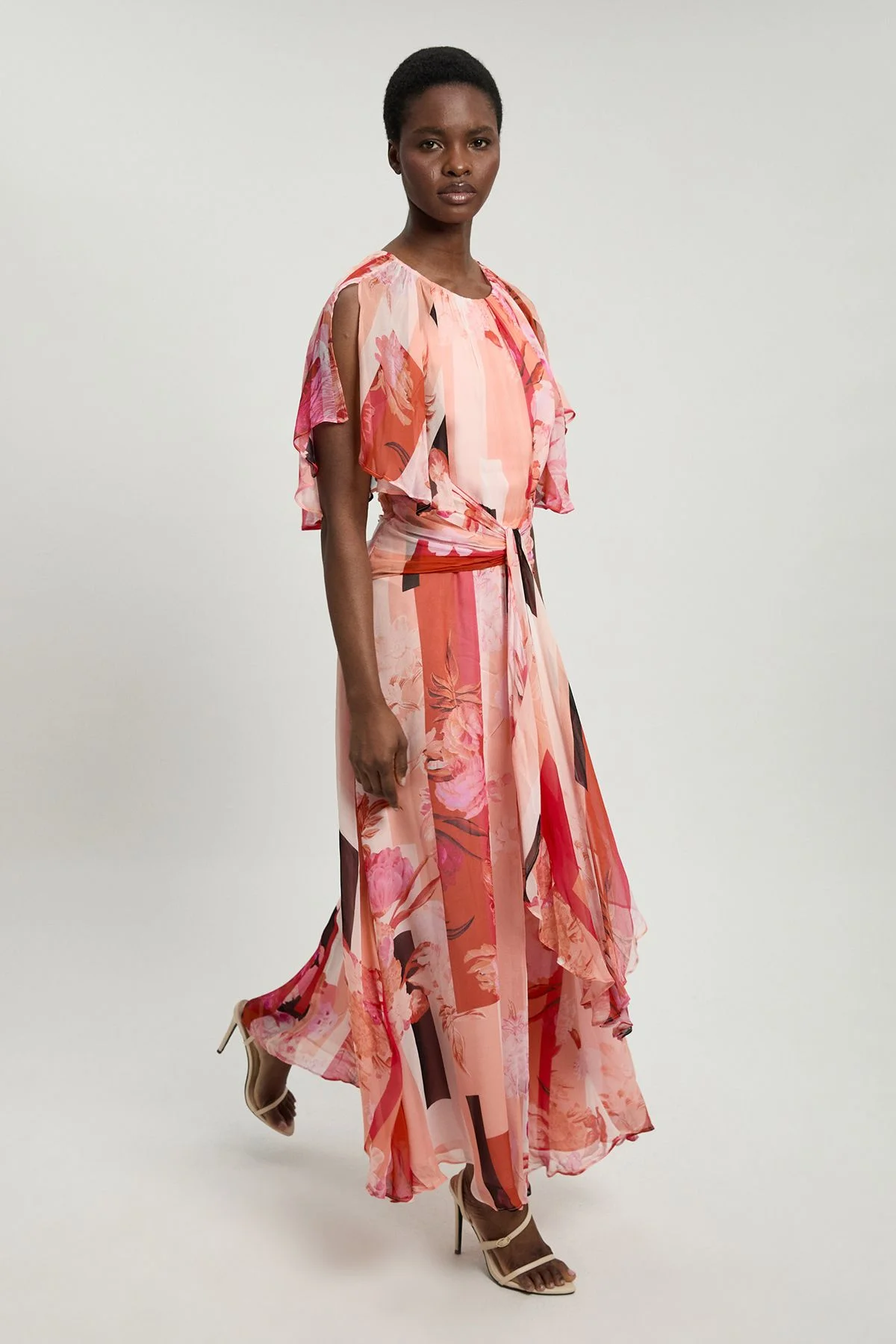Georgette Cape Sleeve Ruffle Floral Print Woven Maxi Dress - 1