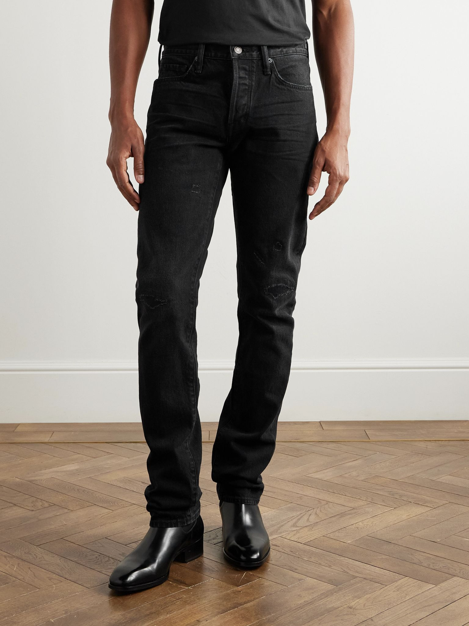 Slim-Fit Distressed Selvedge Jeans Black - 3