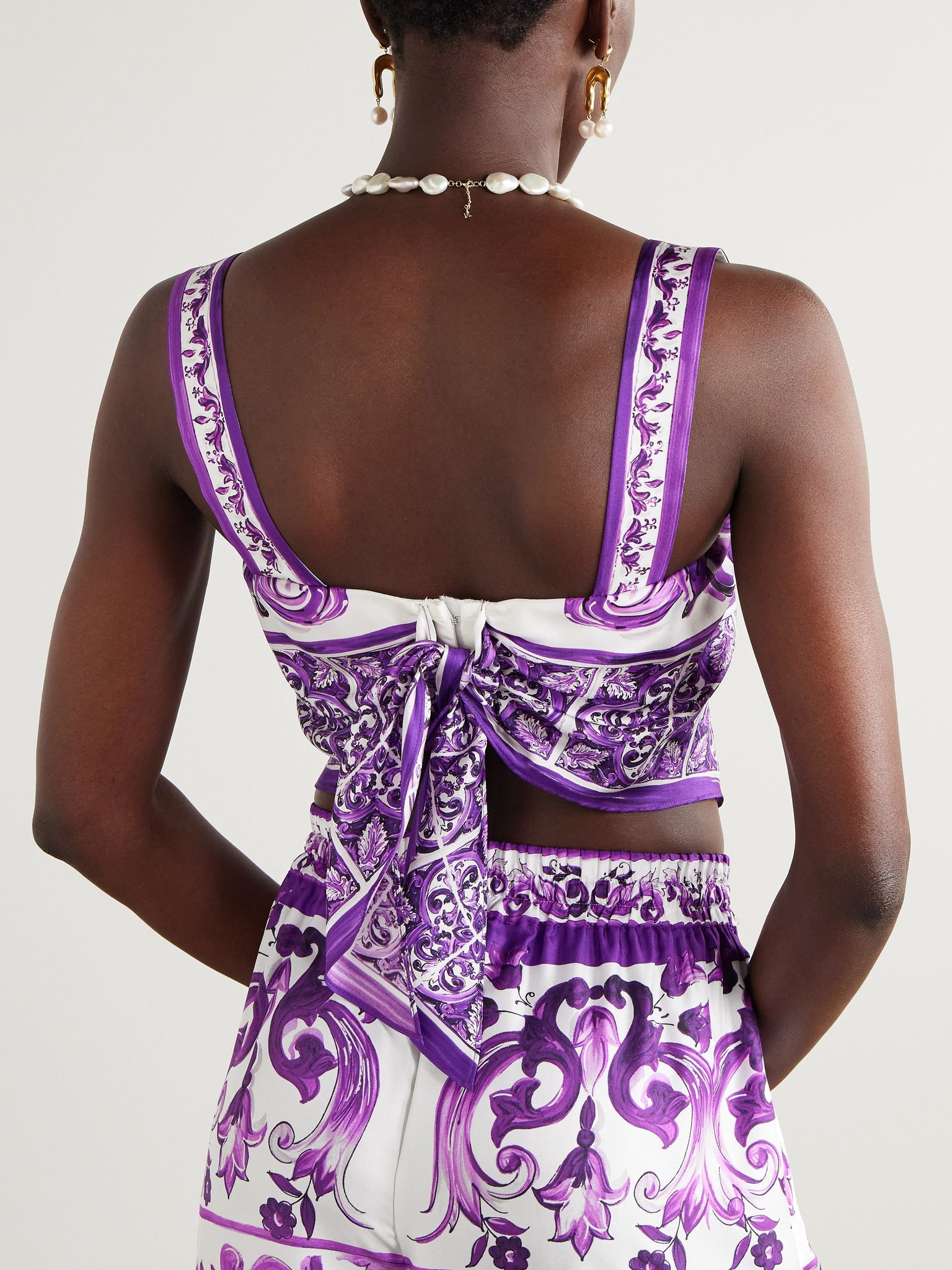 Cropped asymmetric printed silk-twill top Purple - 3