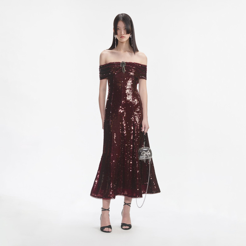 Brown Sequin Off Shoulder Midi Dress - 1