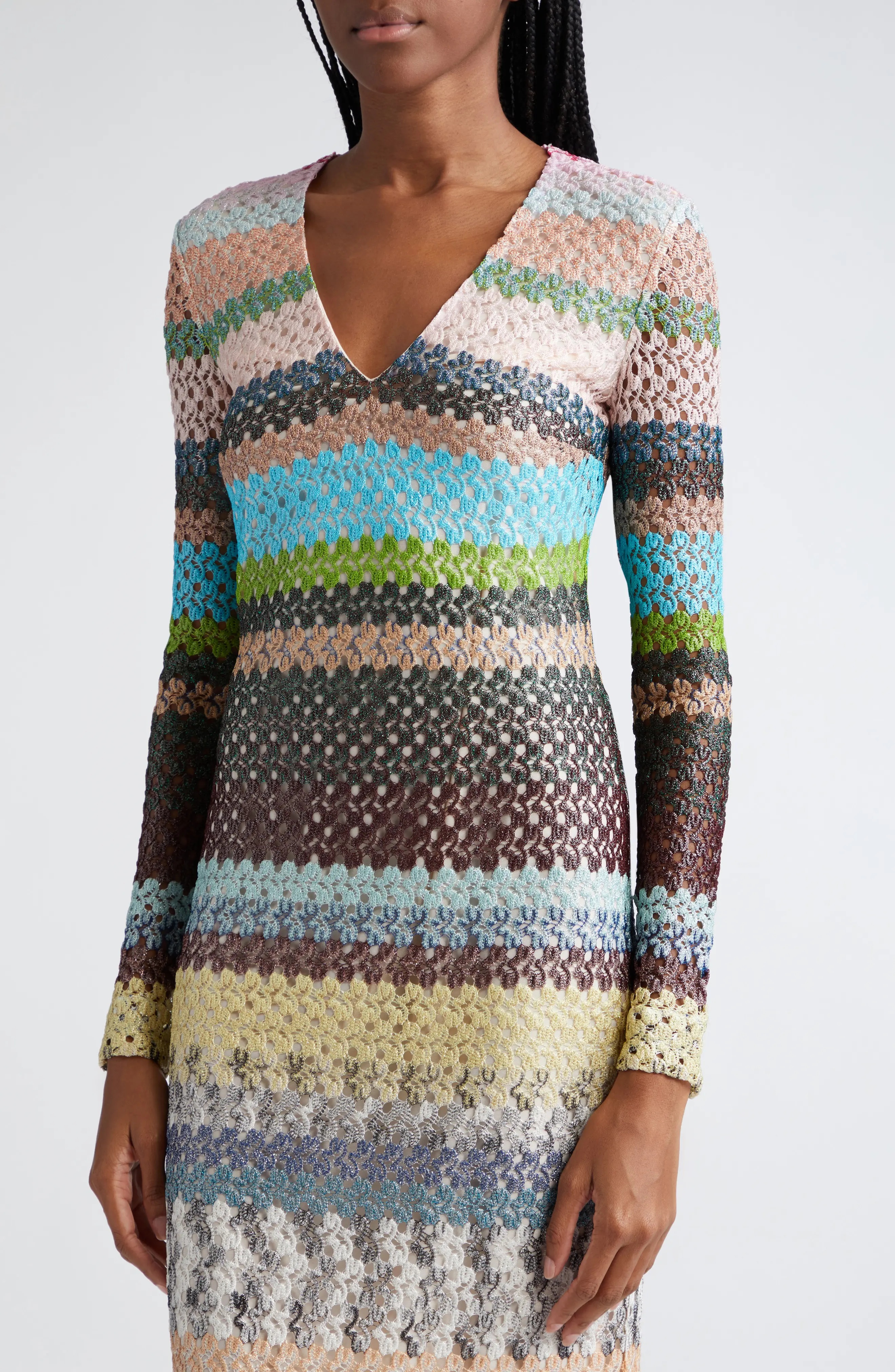 Textured Knit Long Sleeve V-Neck Dress - 4