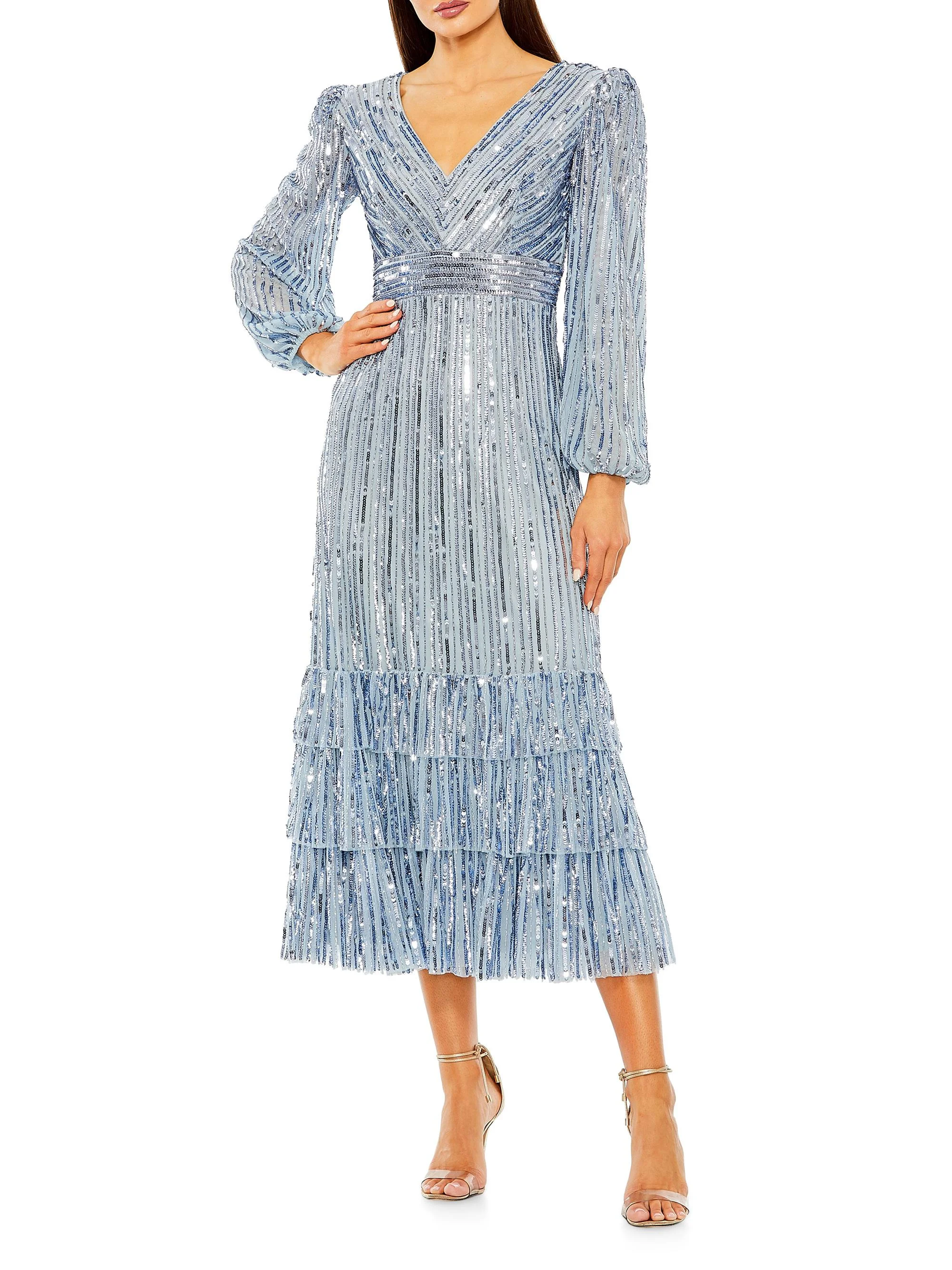 Women's Sequin Blouson-Sleeve Ruffled Midi-Dress - Slate Blue - 1
