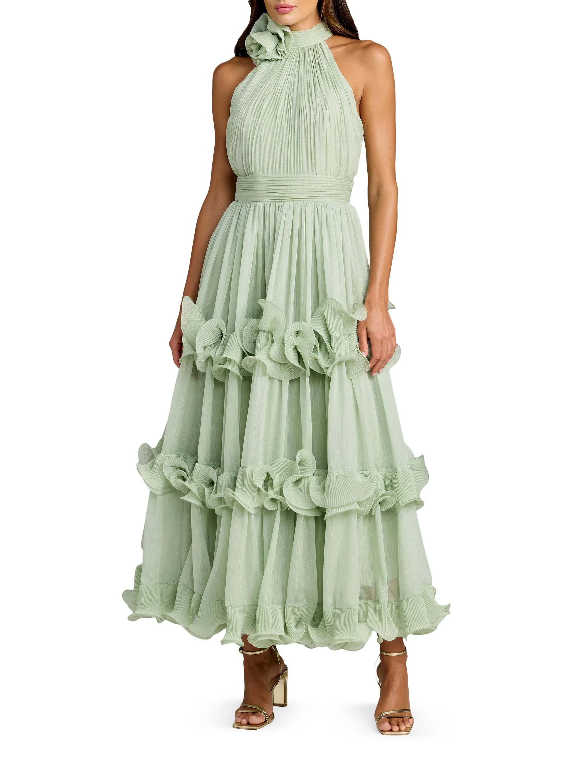 Women's Pleated Chiffon Tiered Midi-Dress - Jade - 1