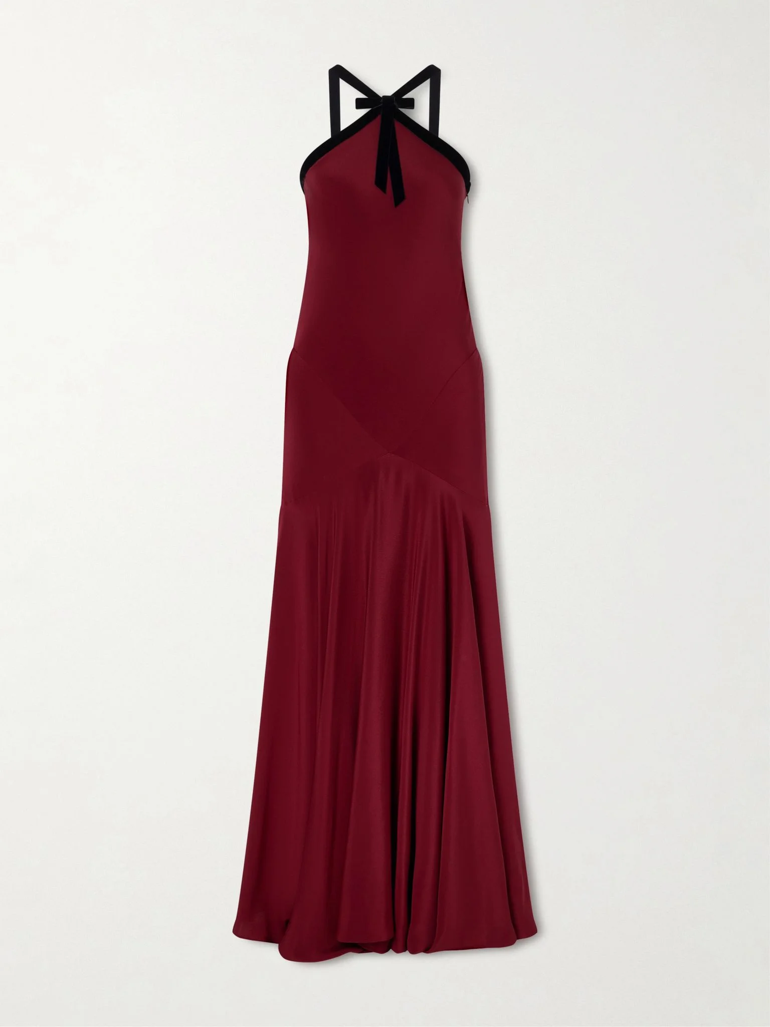 Bow-detailed velvet-trimmed silk-crepe gown Burgundy - 1