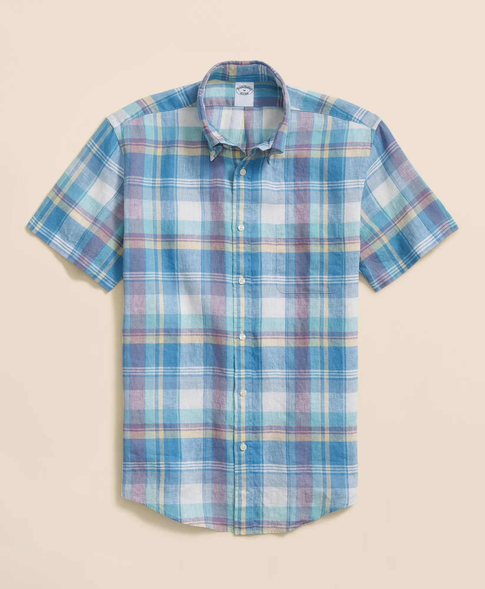Irish Linen Polo Button Down Collar, Checked Short-Sleeve Shirt - 1