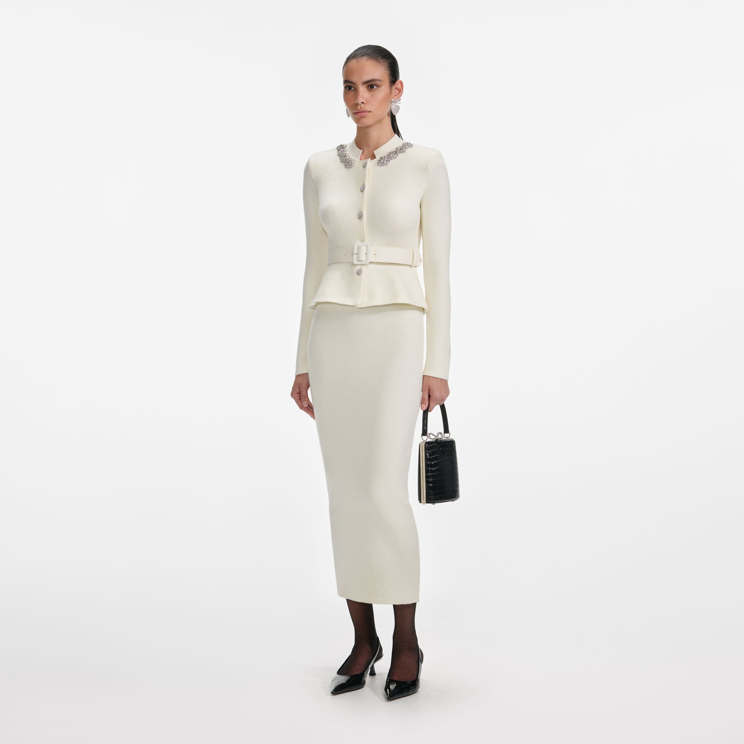 Cream Wool Peplum Knit Midi Dress - 2