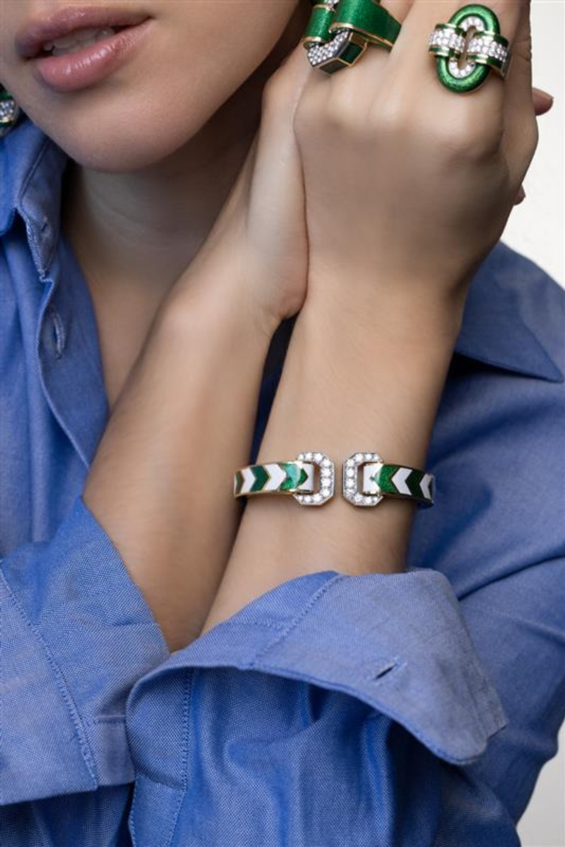 DAVID WEBB Green Chevron Double Buckle Ring outlook