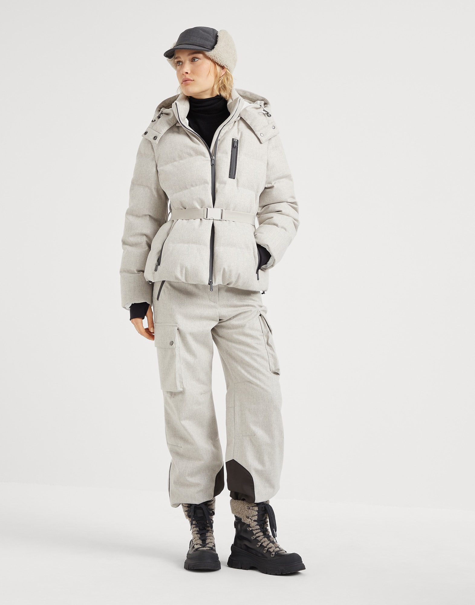 Bonded virgin wool flannel mountain down jacket with detachable hood and precious zip detail - 5
