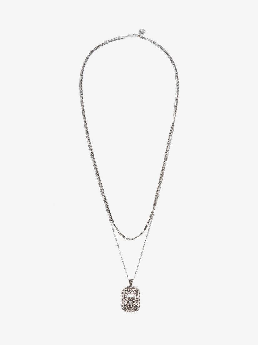 Engraved Skull Necklace in Antique Silver - 1