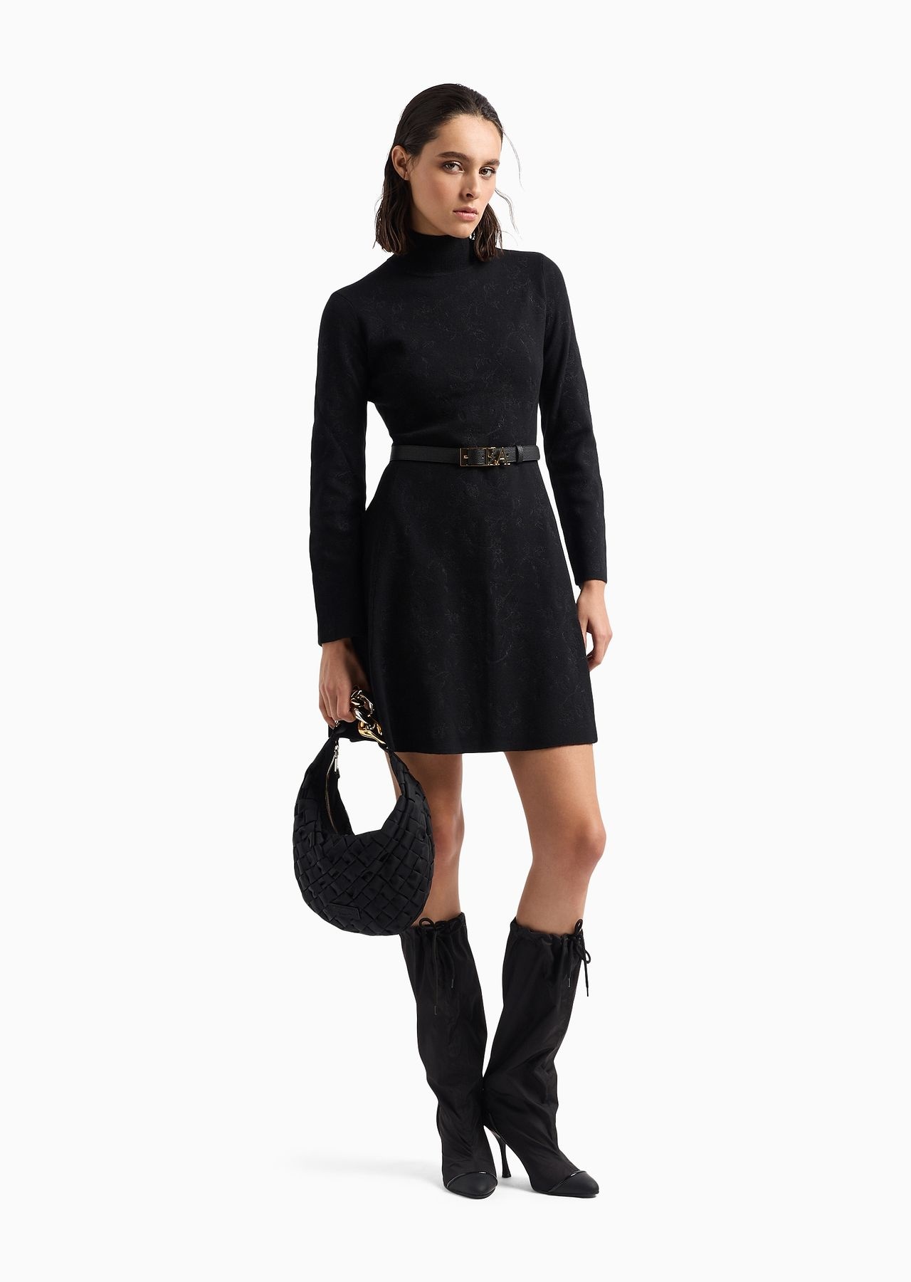 Knitted mock-neck dress with all-over matching floral embroidery - 4
