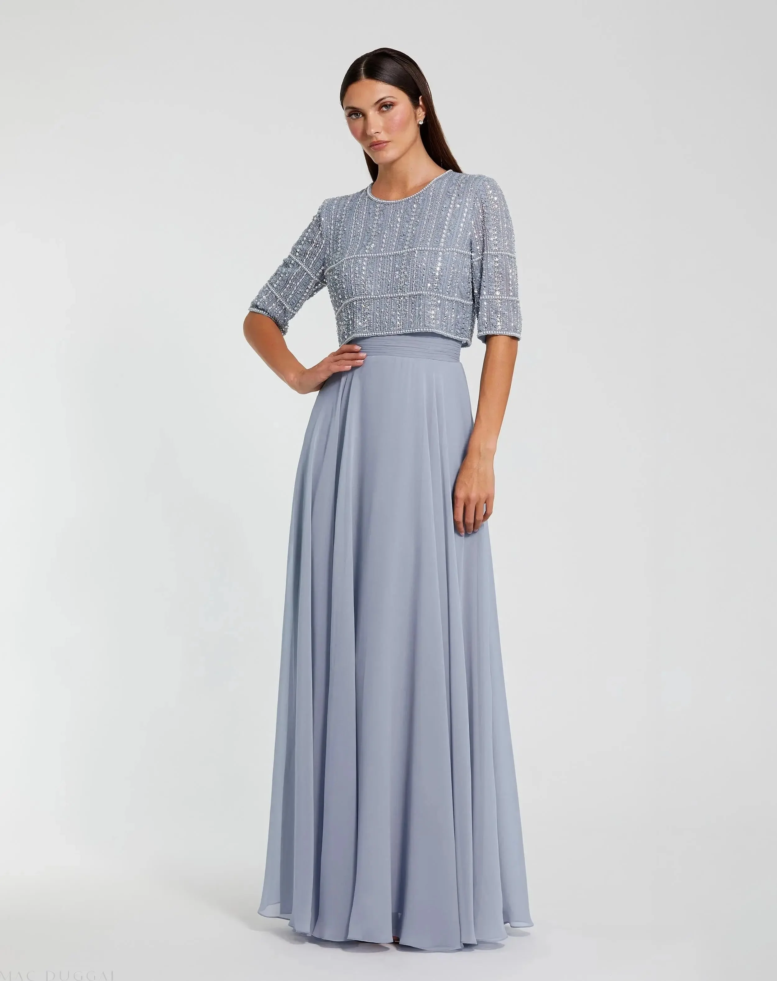 Blue Chiffon Gown w/ Fully Beaded 3/4 Sleeve Top - 1