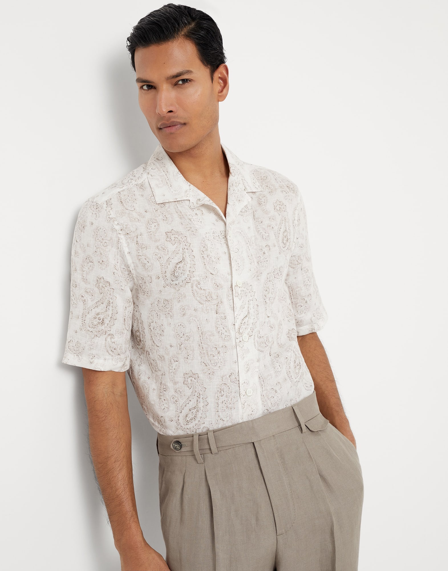 Paisley linen short sleeve easy fit shirt with camp collar - 4