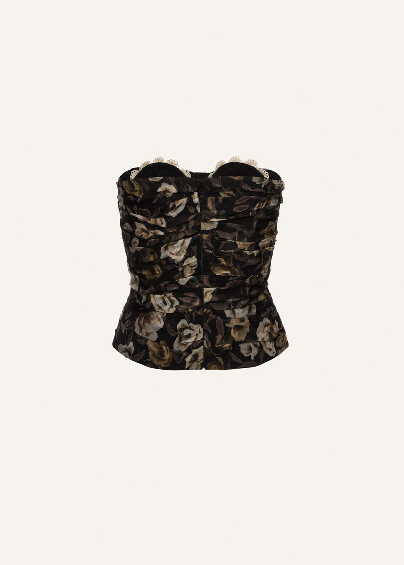 Ruched Lace-detail corset in black print 2