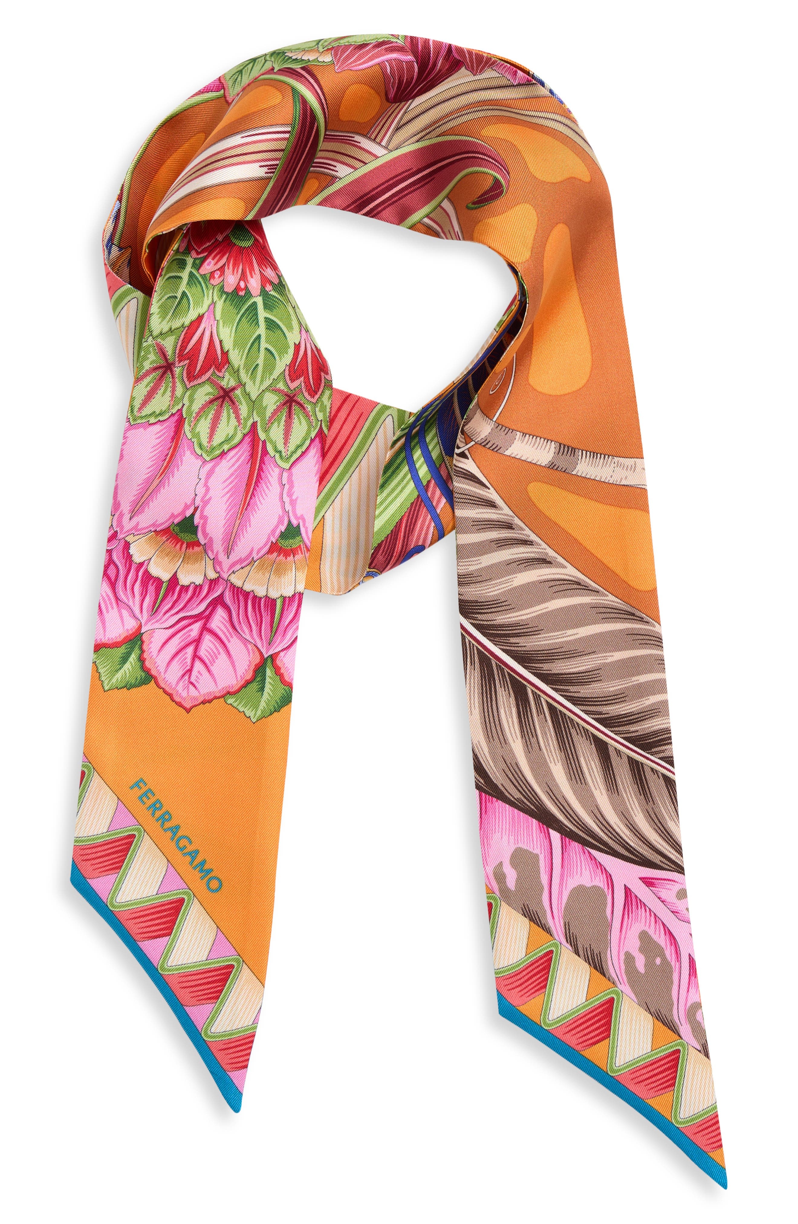 FERRAGAMO Giada Print Silk Skinny Scarf in Arancio/Rust at Nordstrom - 3