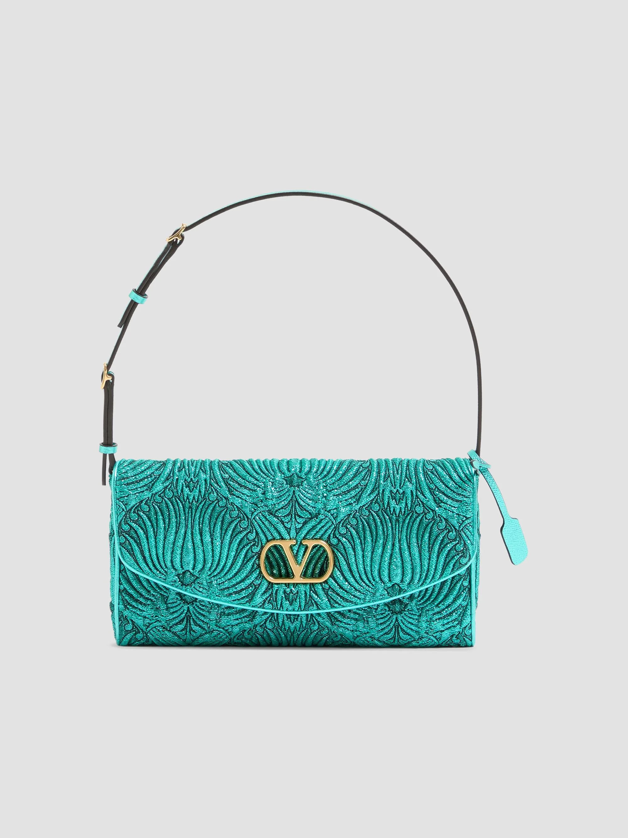 Women's DeVain Small Shoulder Bag in Jacquard Cloqué Lurex Fabric - Teal - 1