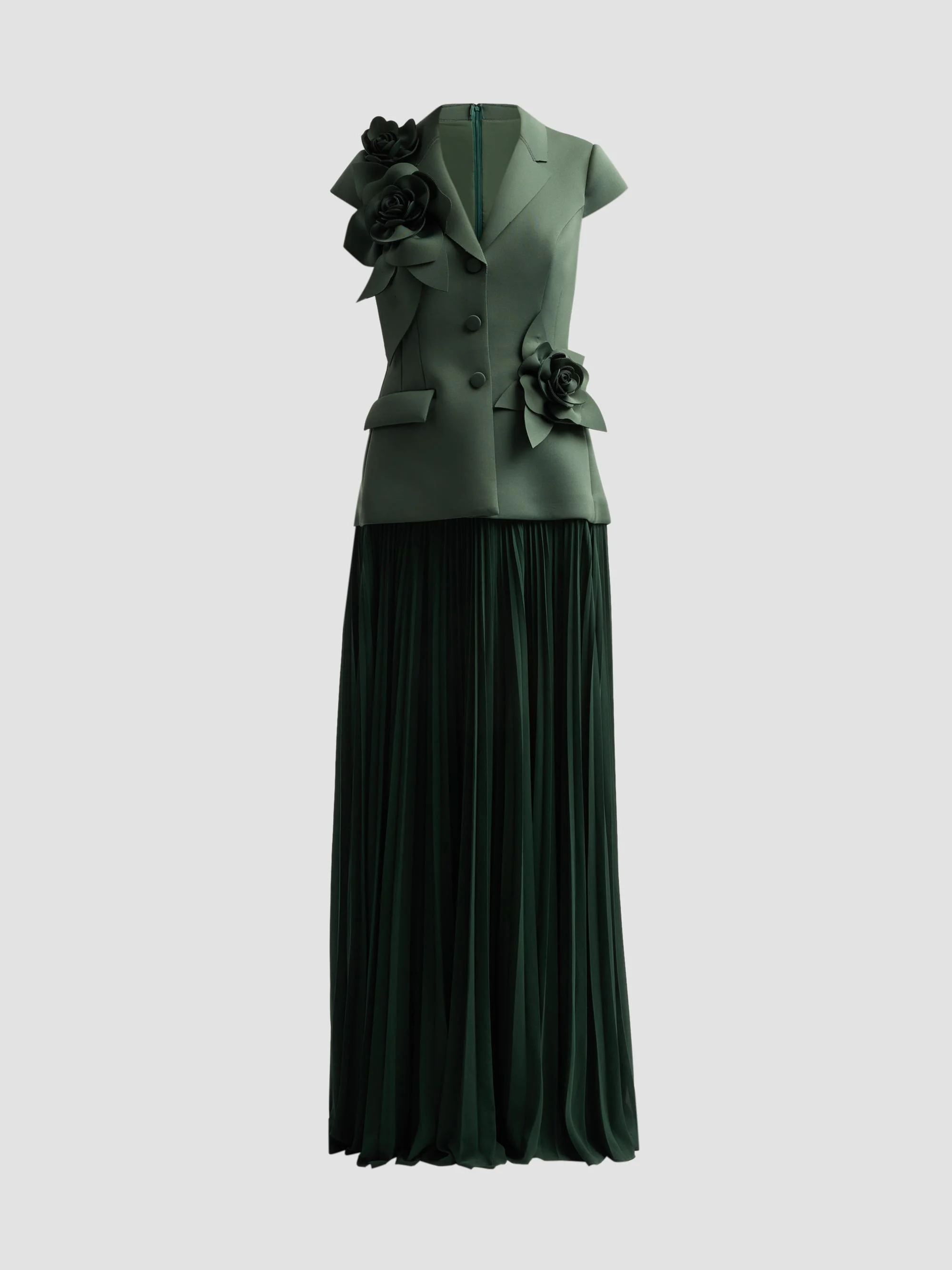 Women's Blazer Floral Appliqué Pelated Gown - Forest - 1