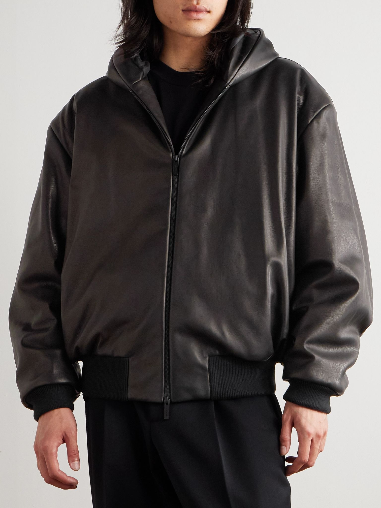 Padded Leather Hooded Bomber Jacket Black - 3