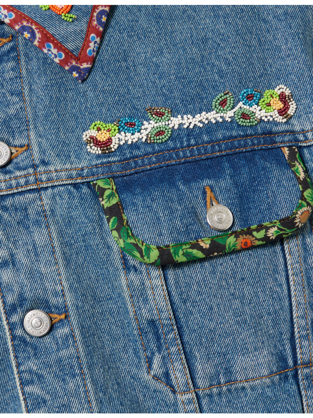 Beaded-Embellishment Printed-Trims Denim Jacket - 6