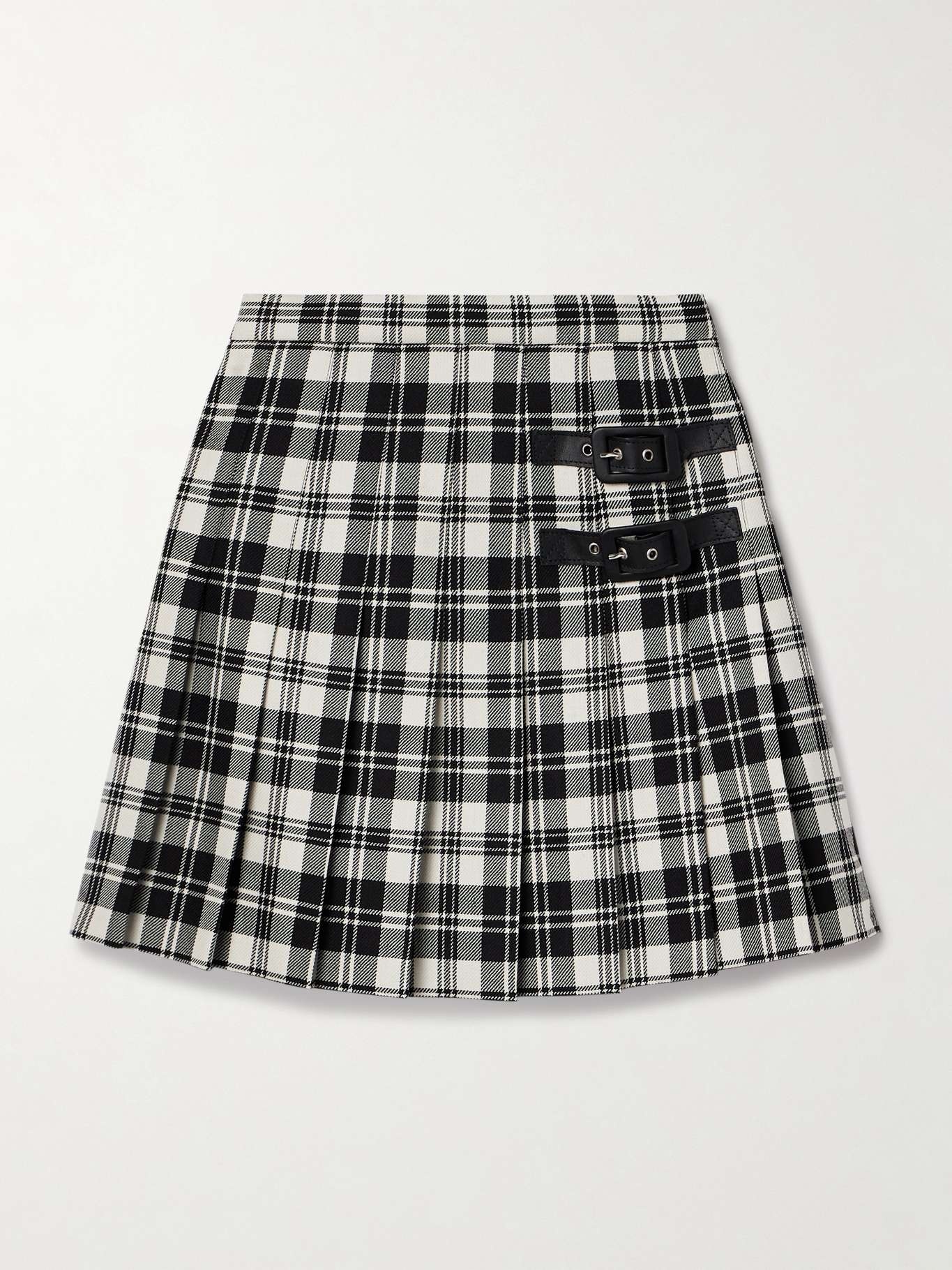 Leather-trimmed pleated checked wool mini skirt - 1