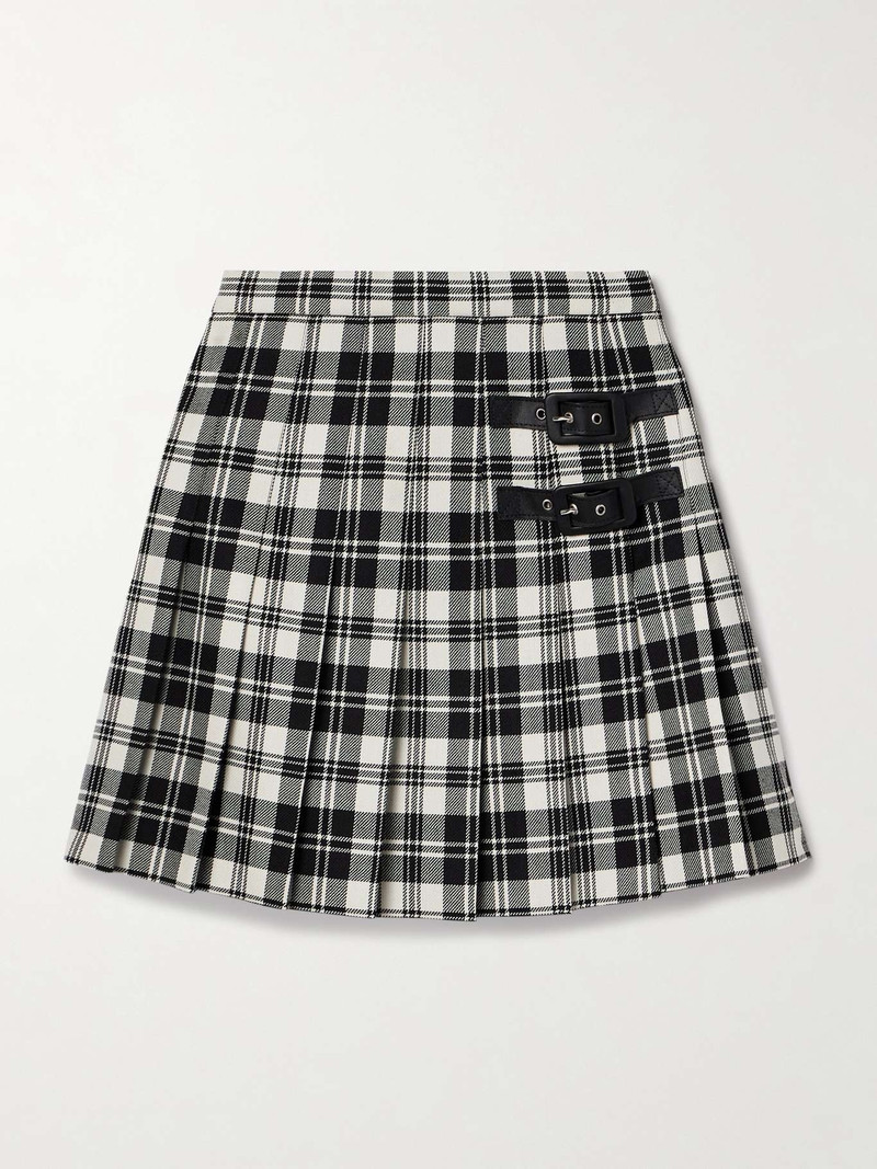Leather-trimmed pleated checked wool mini skirt 1