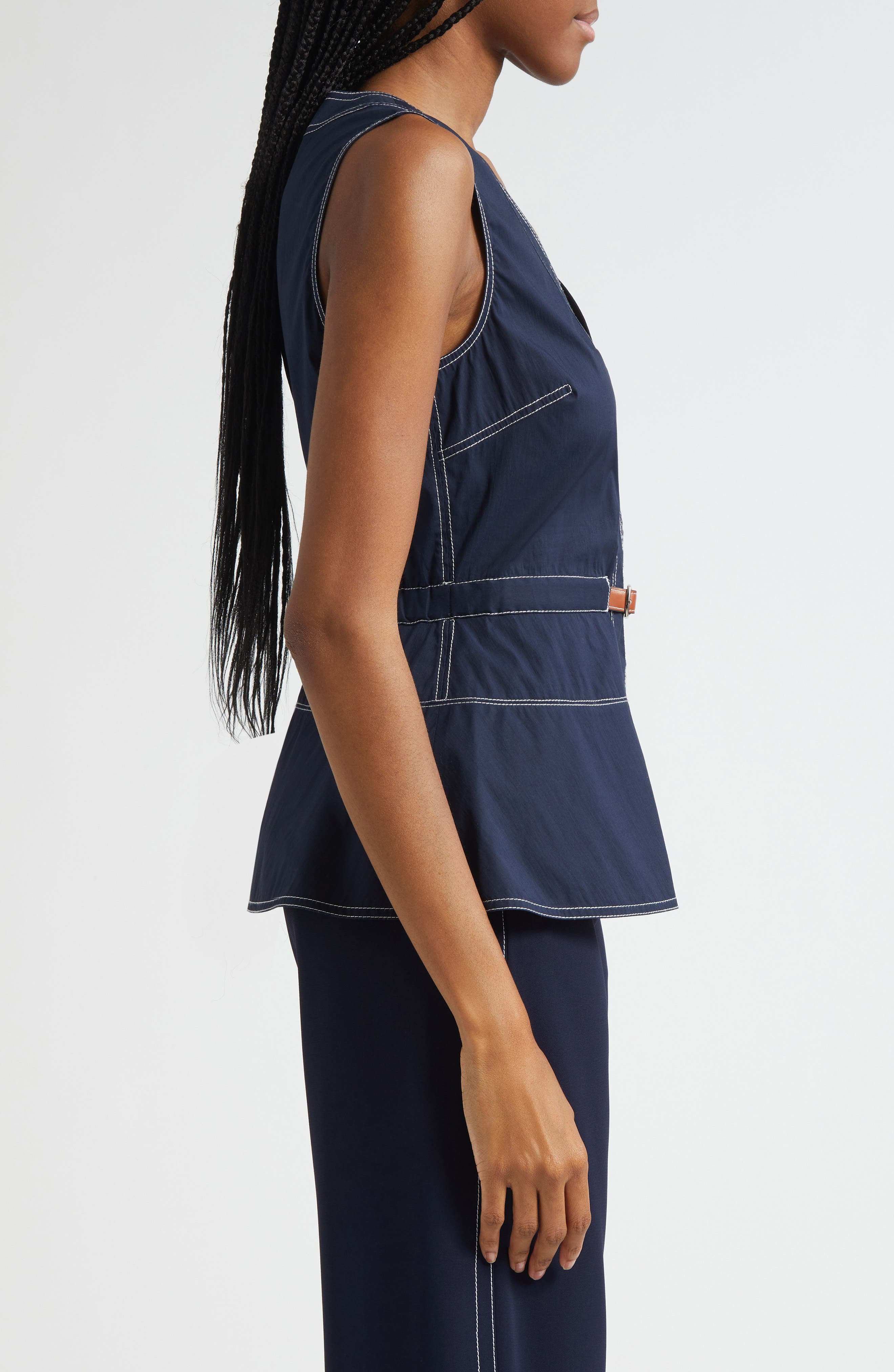 Veronica Beard Nickleby Topstitch Detail Sleeveless Cotton Blend Top in Navy at Nordstrom - 4