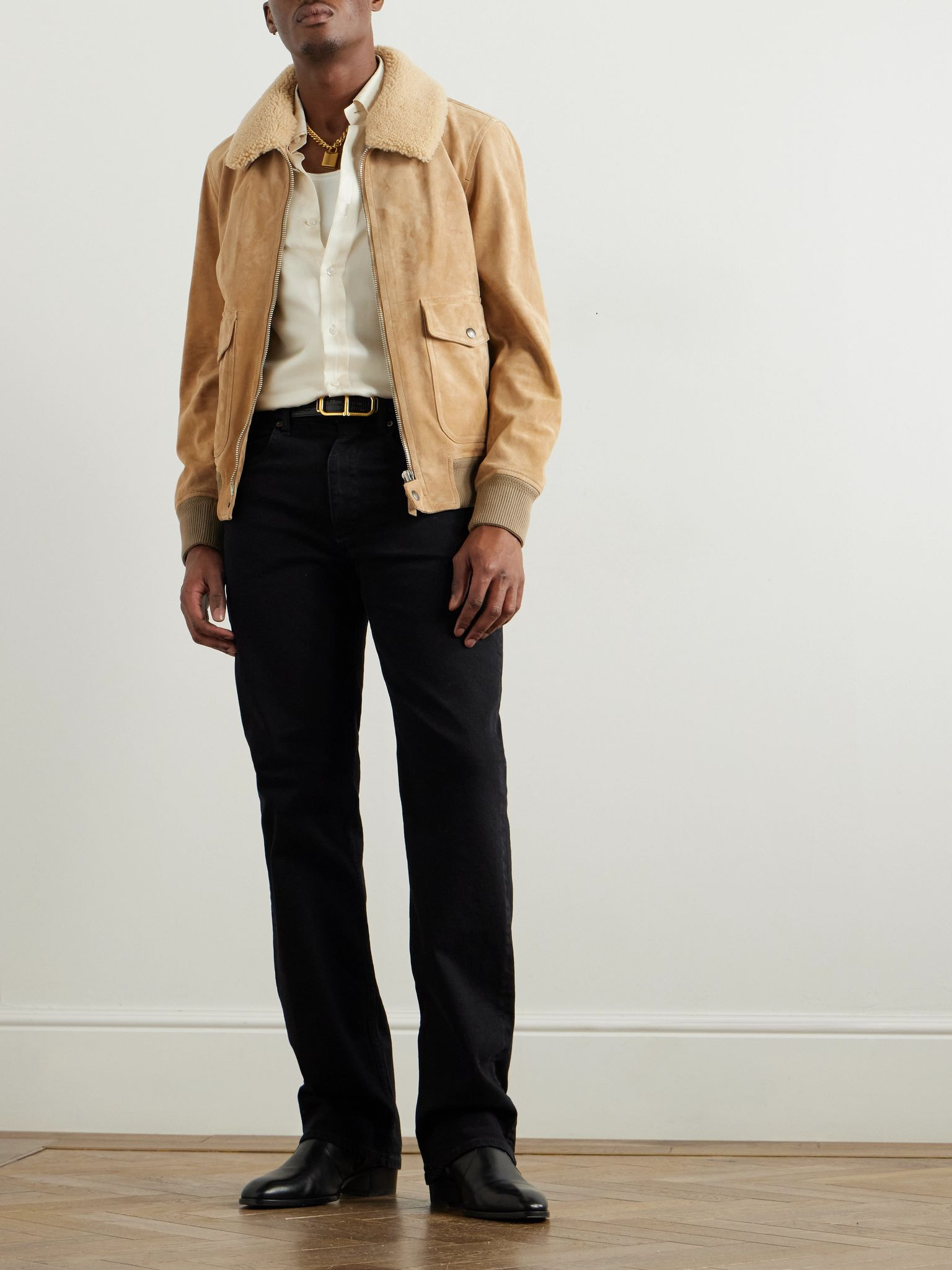 Shearling-Trimmed Suede Bomber Jacket Neutral - 2