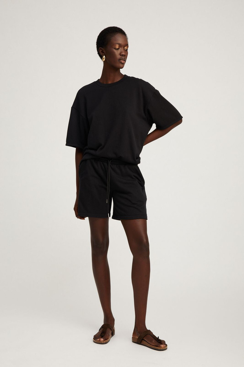 SPRWMN BLACK COTTON TERRY BAGGY SWEATSHORTS outlook