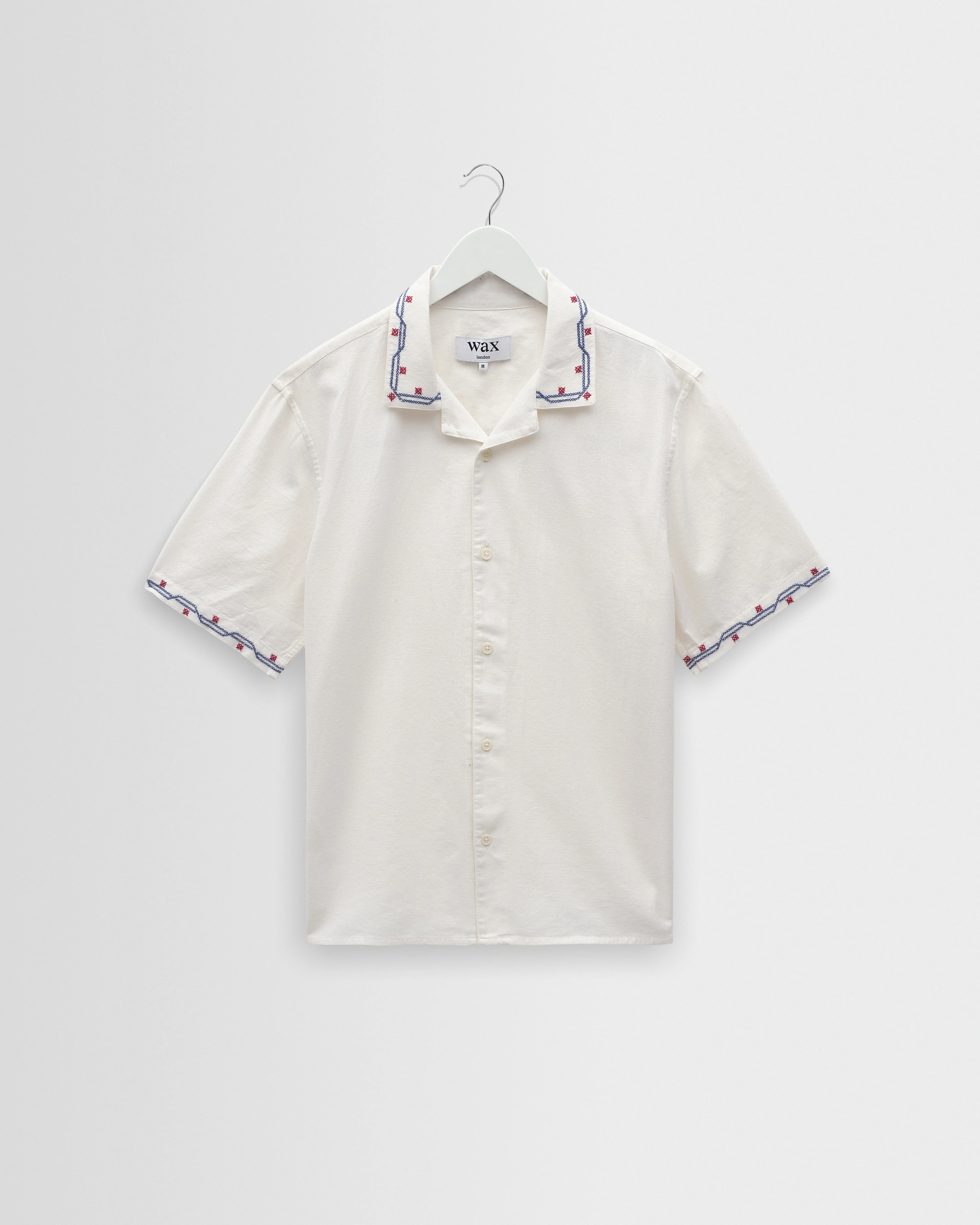 Didcot - Ecru Cross-Stitch Border Short-Sleeve Shirt - 1