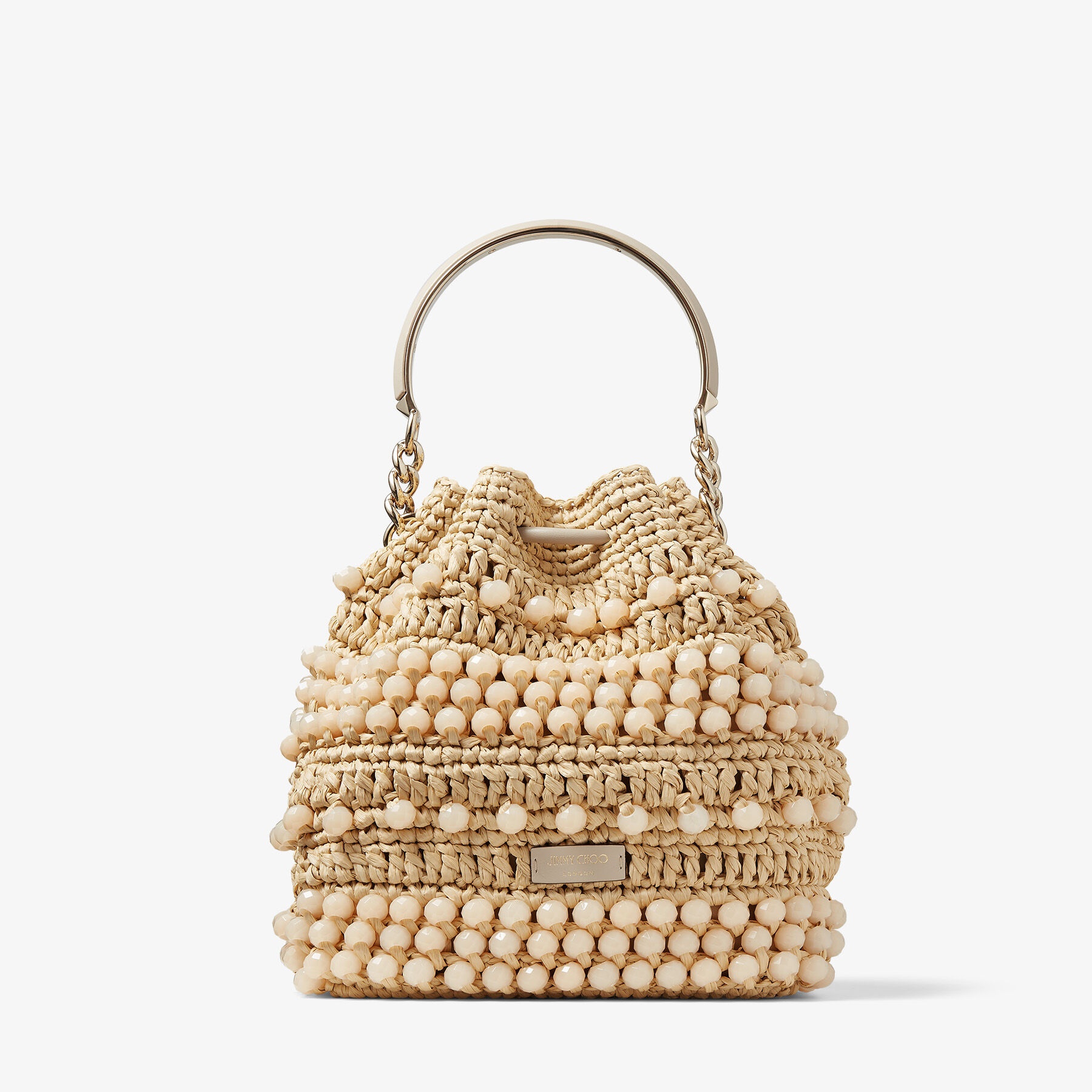 Bon Bon Bucket
Natural Beaded Raffia and Smooth Leather Bucket Bag - 8