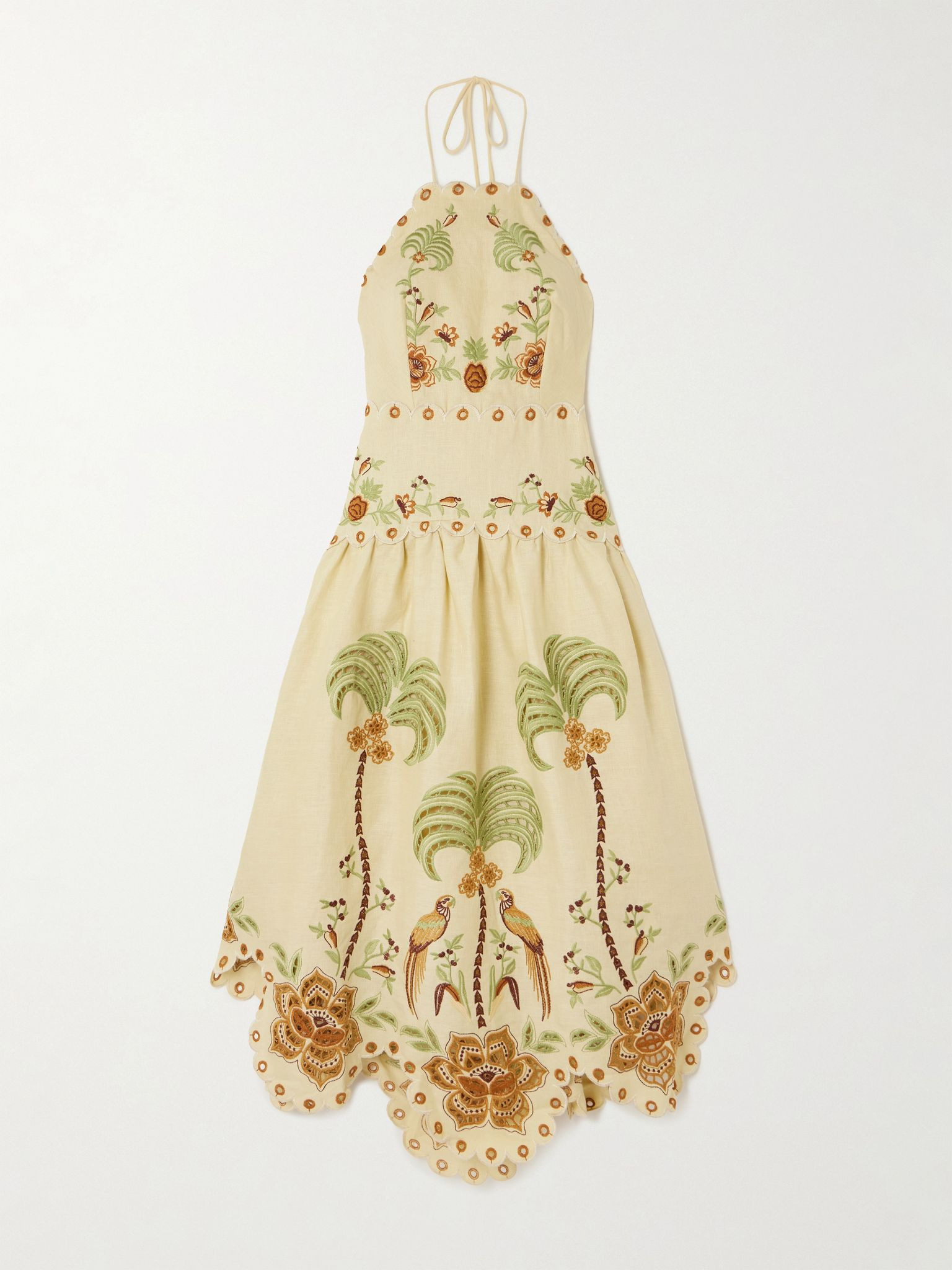 Scalloped broderie anglaise linen halterneck dress Beige - 1