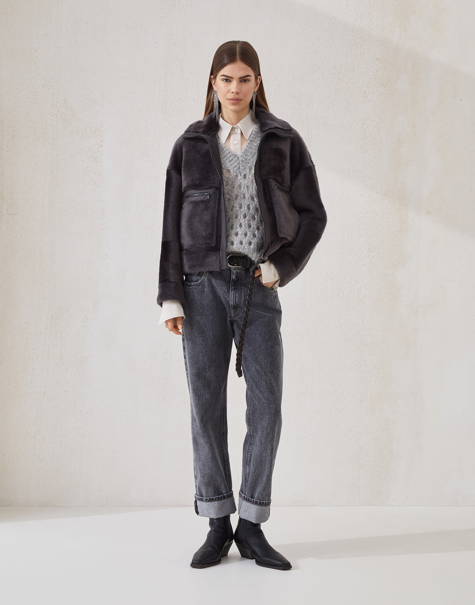 Shearling outerwear jacket with shiny zipper pull - 5
