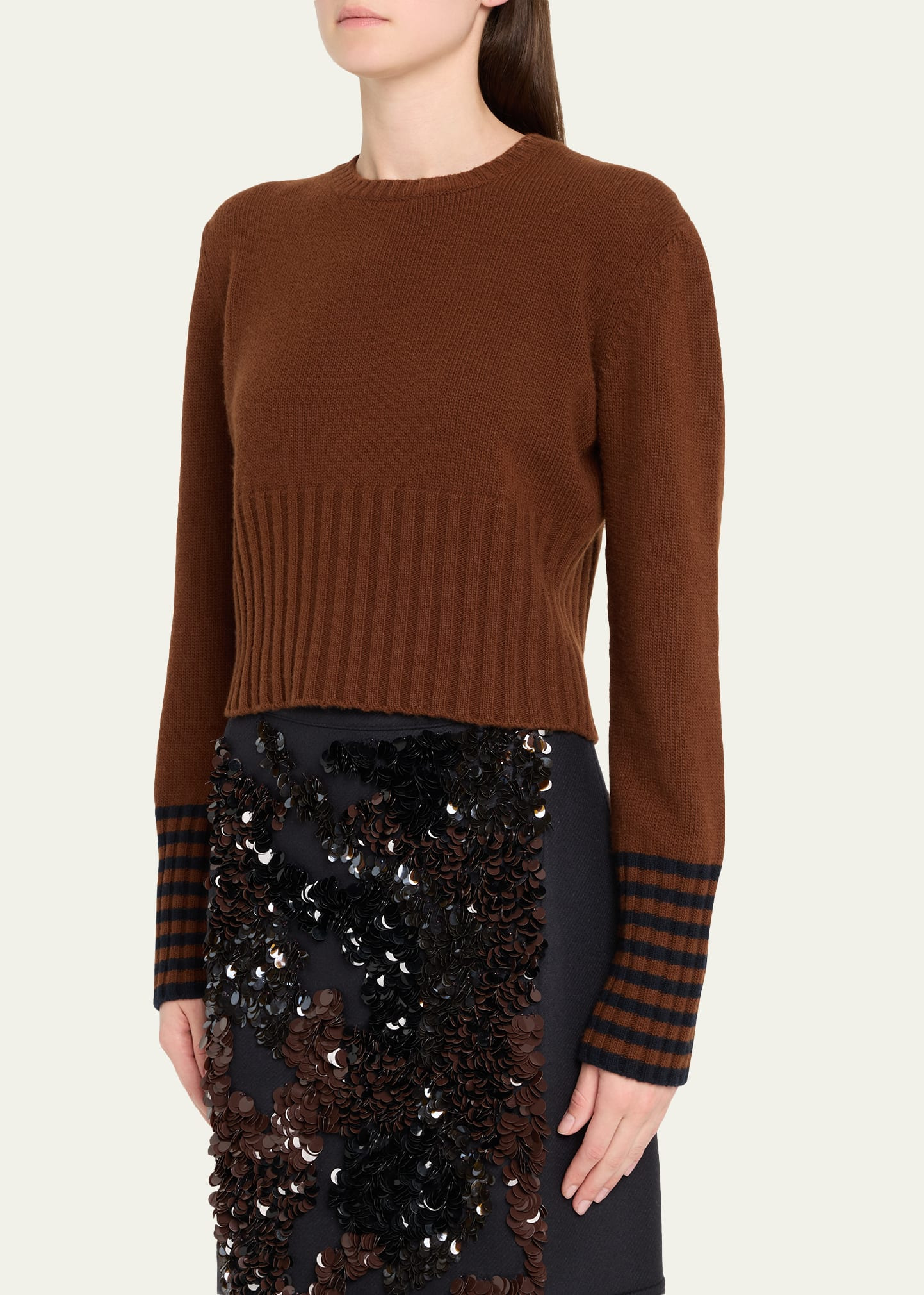 Contrast Cuffs Long-Sleeve Crewneck Knit Sweater - 4