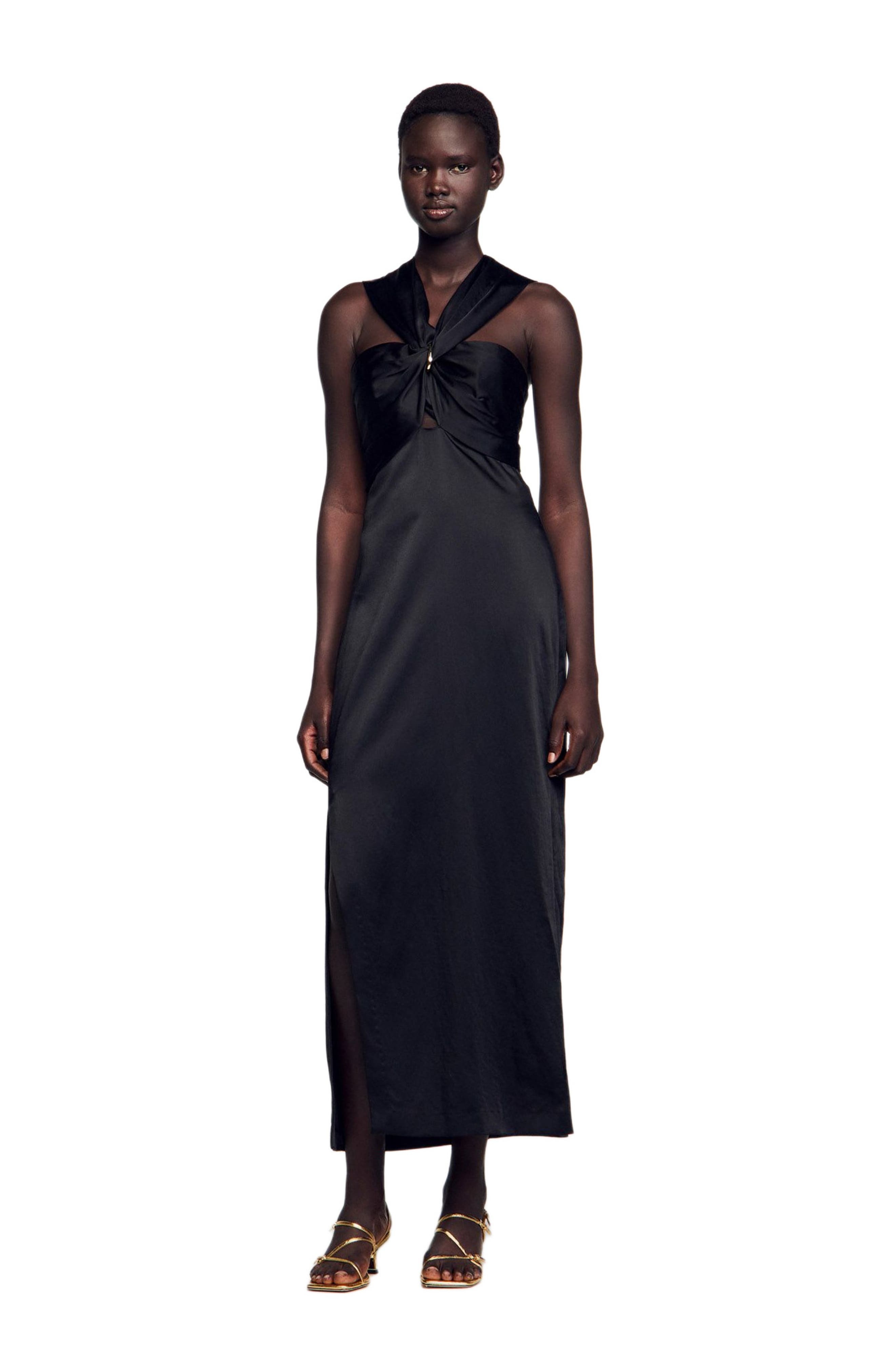 SANDRO Slit satin-effect maxi dress in Black at Nordstrom - 6