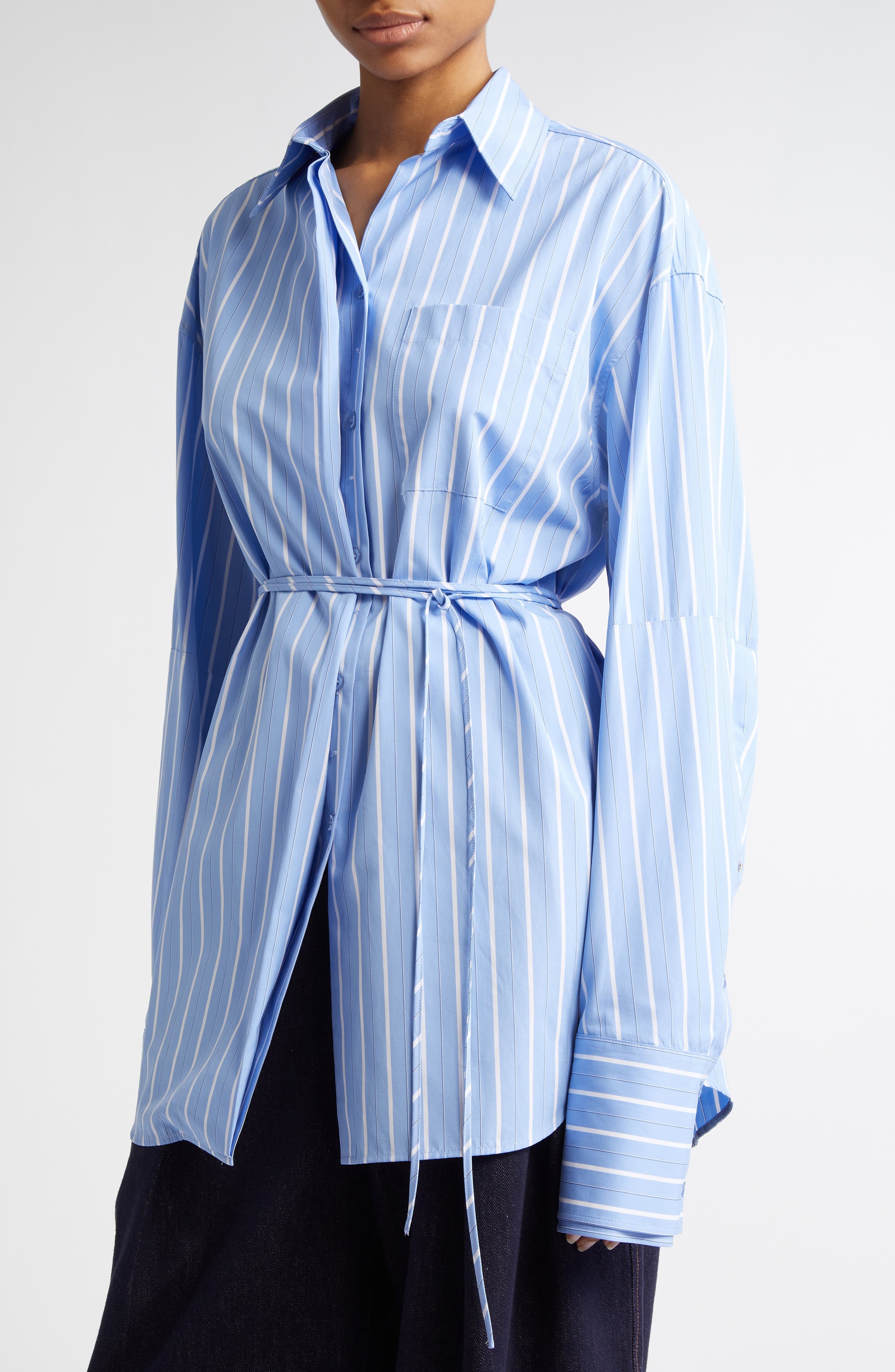 SPORTMAX Firma Stripe Oversize Cotton Button-Up Shirt in Light Blue at Nordstrom - 5
