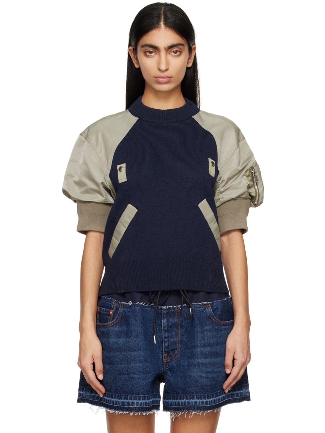 Navy & Khaki Paneled Sweater - 1