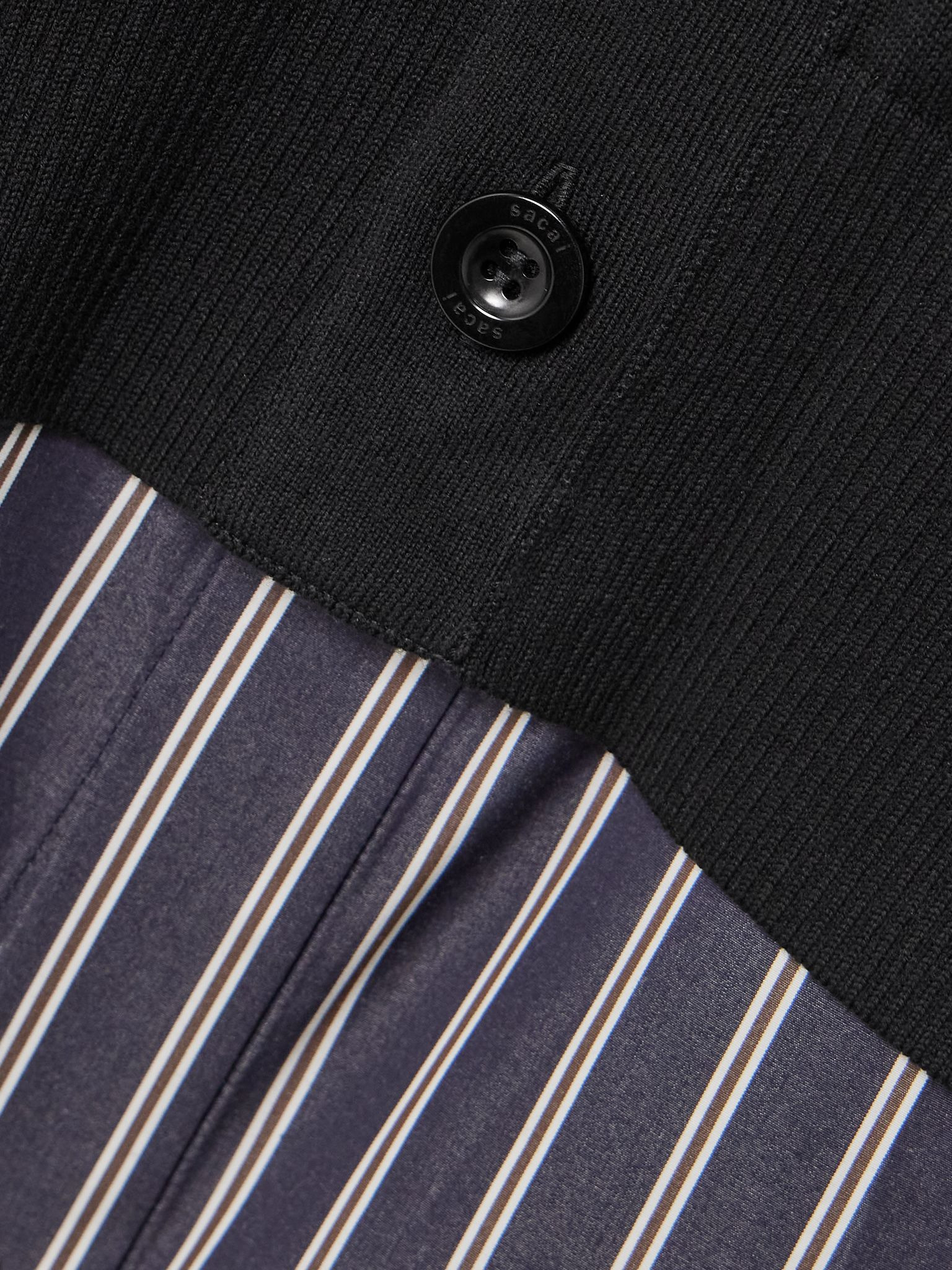 Layered striped cotton poplin-trimmed cotton-blend jersey cardigan Black - 4