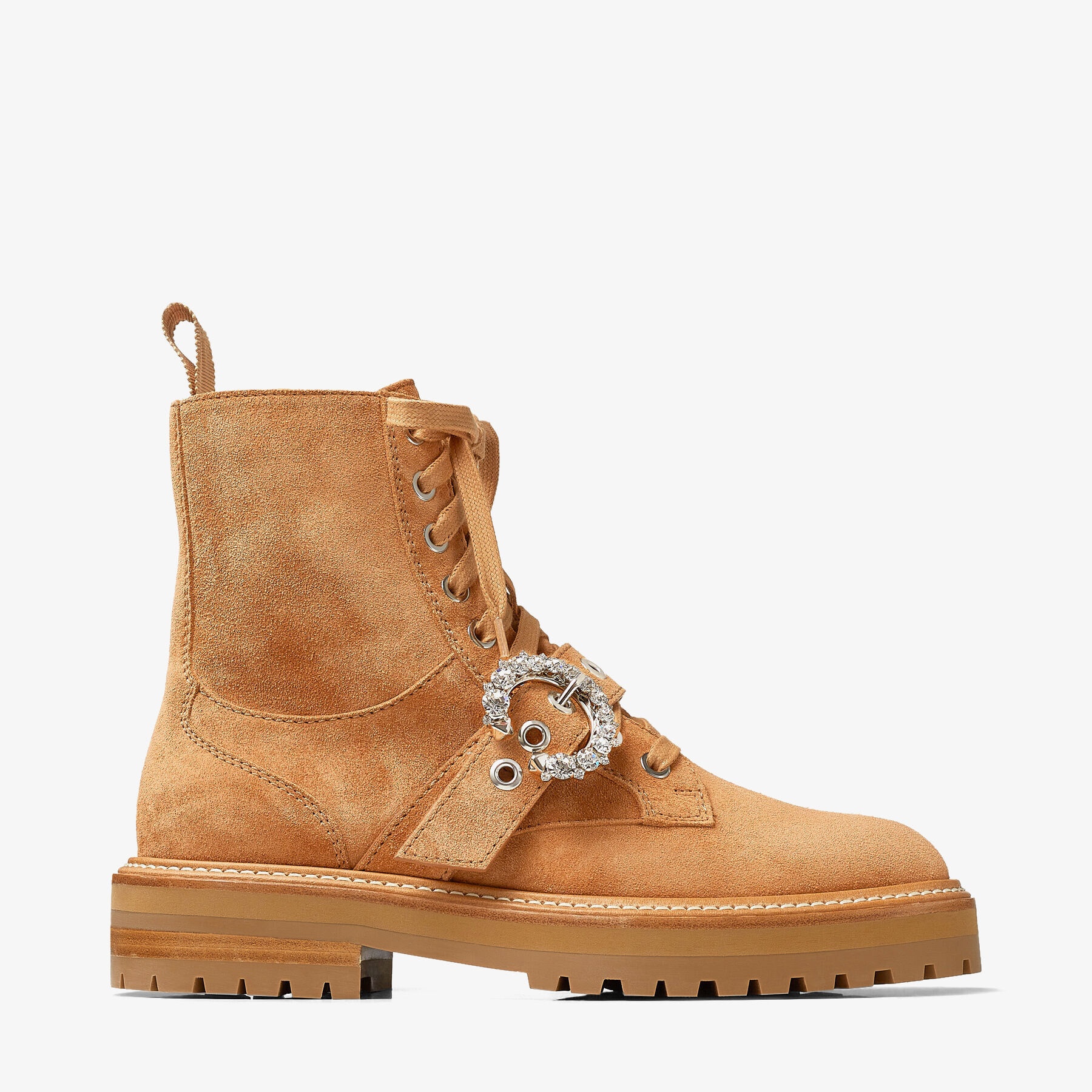 Cora Flat
Caramel Suede Combat Boots with Crystal Buckle - 1