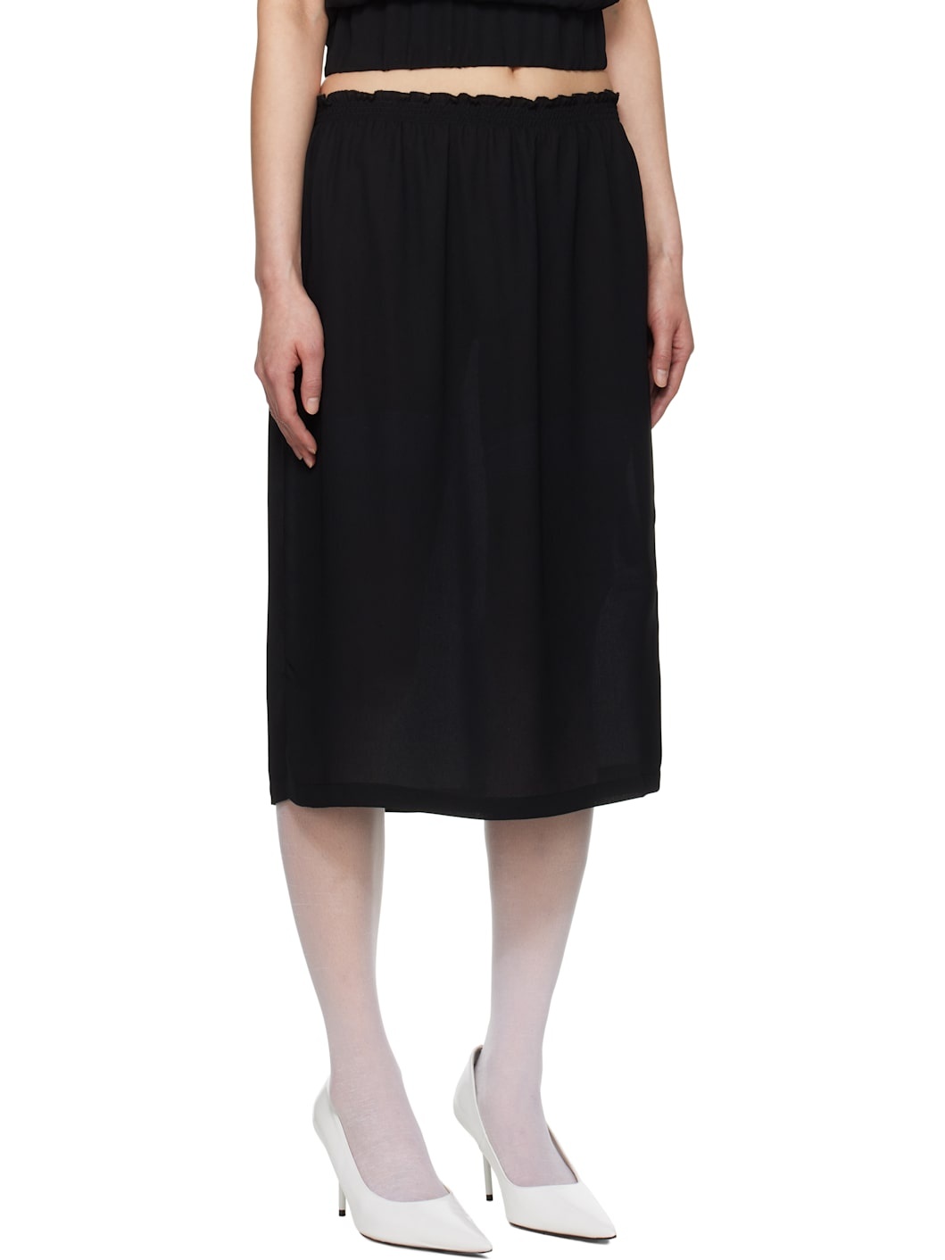 Black Smocked-Waist Midi Skirt - 2