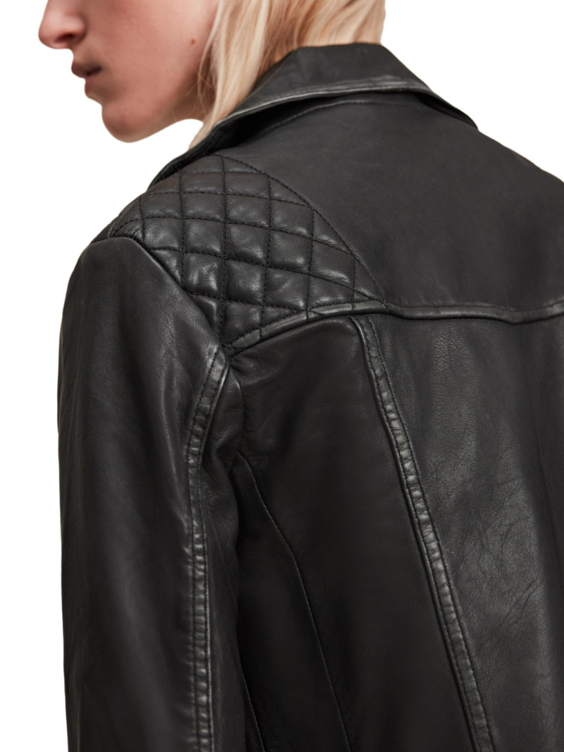 Women's Cargo Leather Biker Jacket - Black Grey 7